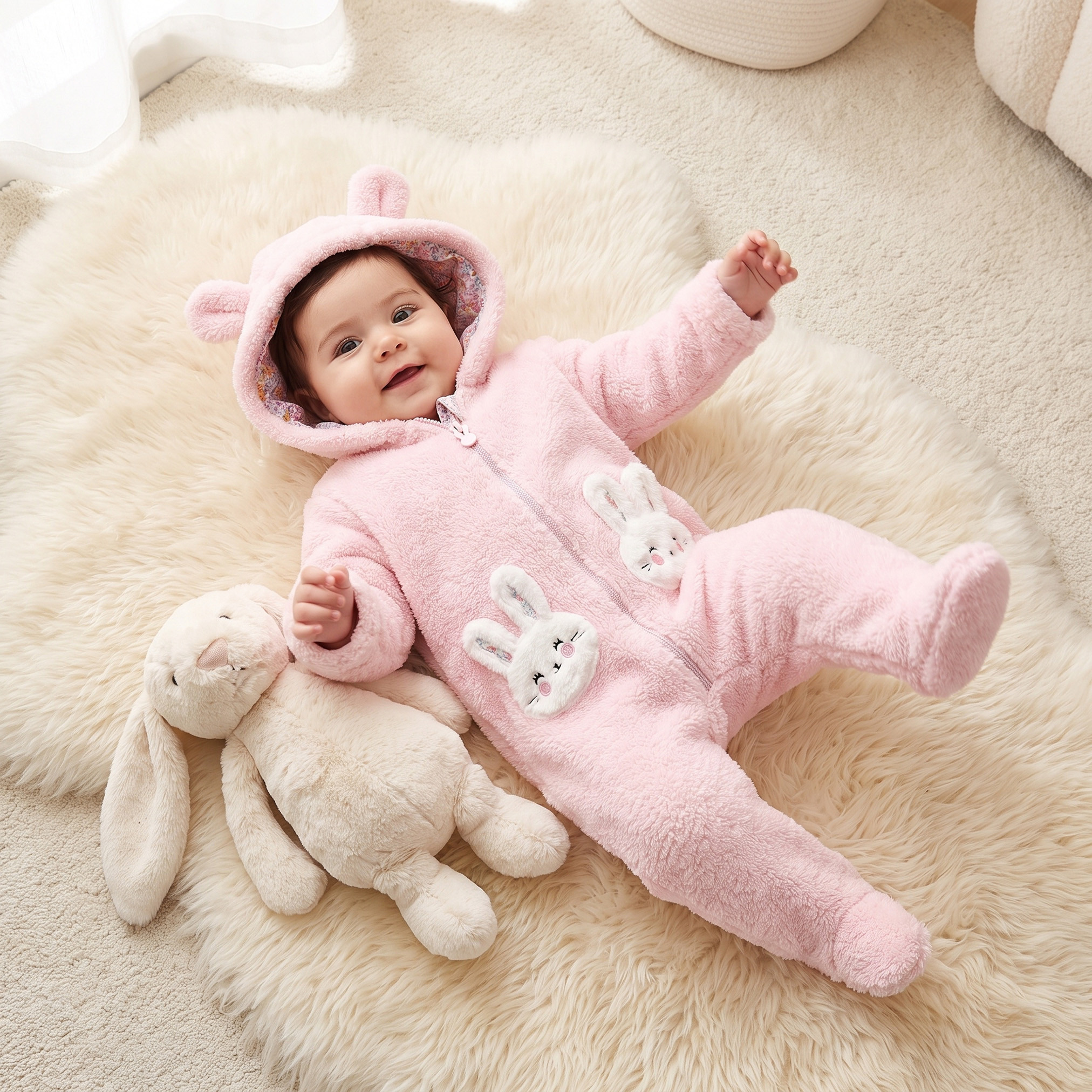 أفرول بغطاء رأس وأكمام طويلة مع تفاصيل أرنب من جونيورز-baby-girls-clothing-rompers-image-1