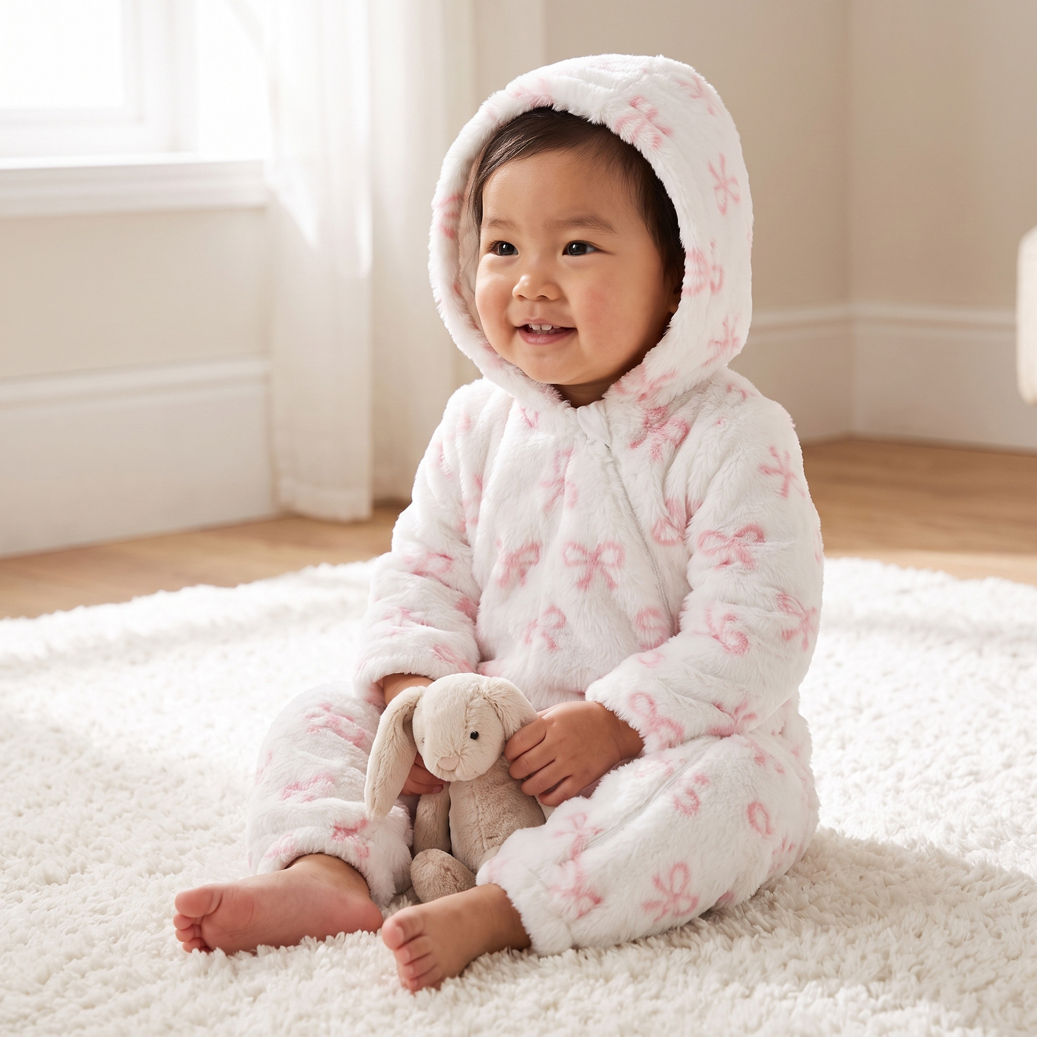 بدلة نوم بقبعة وأكمام طويلة بطبعات فيونكة من جونيورز-baby-girls-clothing-nightwear-sleepsuits-image-1
