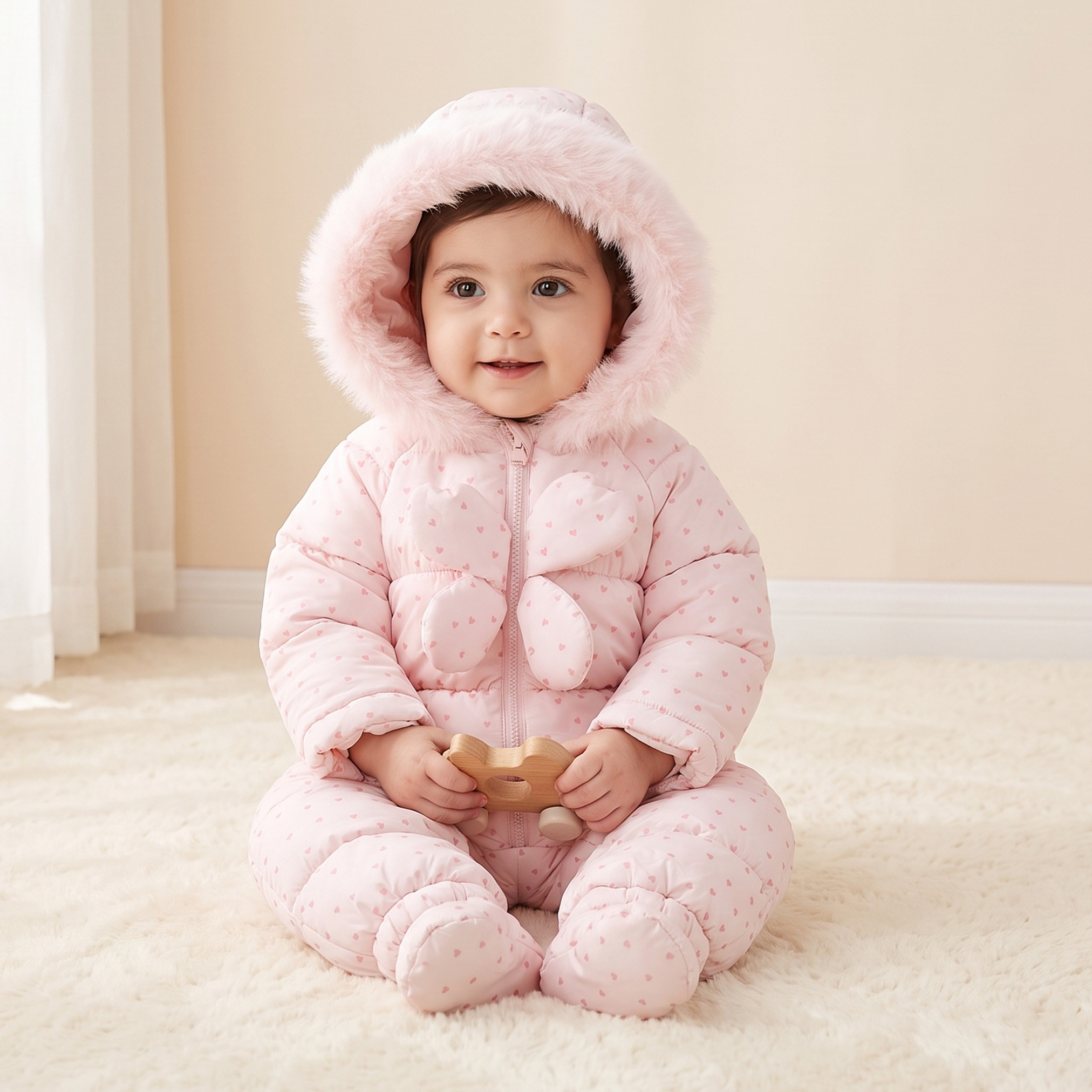 Juniors Hooded Long Sleeves Coverall with Heart Print-baby-girls-clothing-winterwear-sleepsuits-image-1