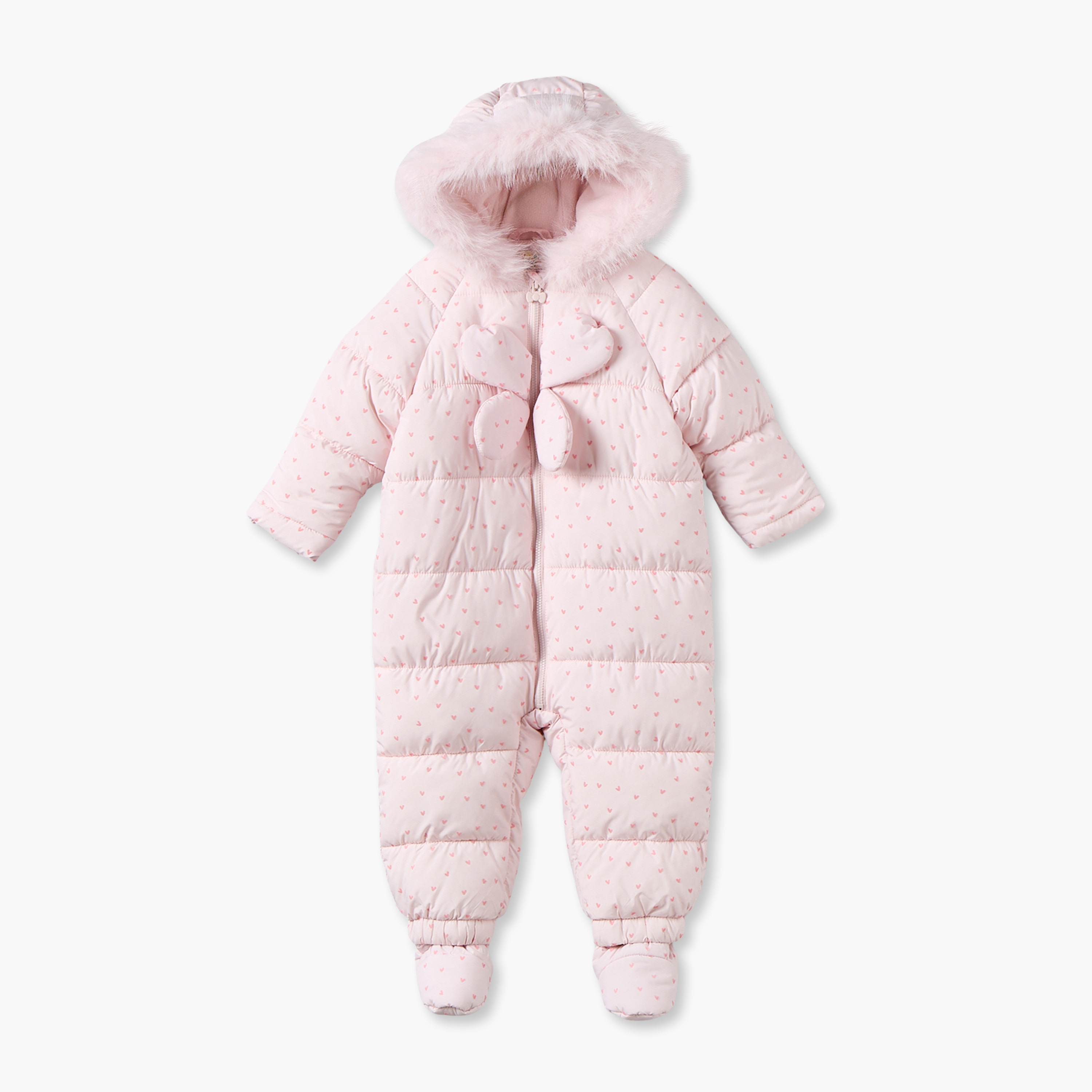 Juniors Hooded Long Sleeves Coverall with Heart Print-baby-girls-clothing-winterwear-sleepsuits-image-2