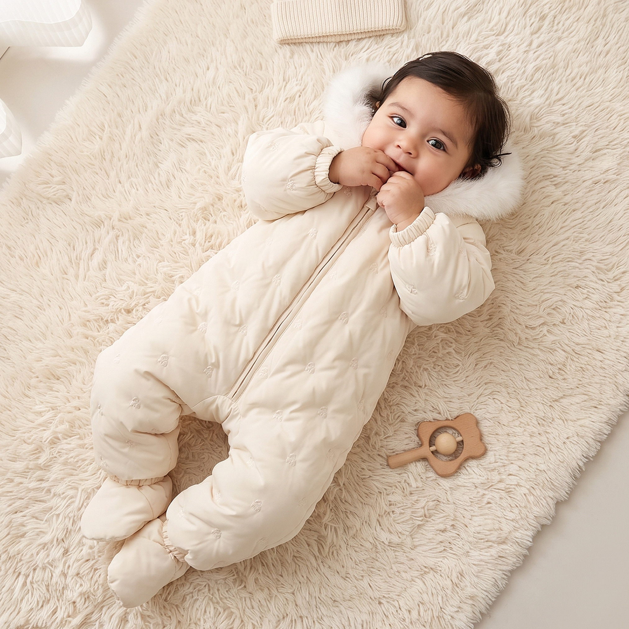 أوفرول مبطن بقبعة فرو صناعي وحذاء خفيف قابل للفصل من جونيورز-baby-girls-clothing-winterwear-sleepsuits-image-1