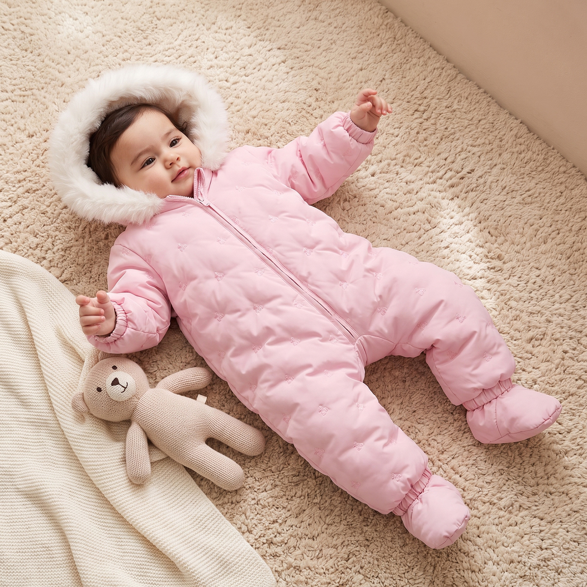 Juniors Hooded Neck Long Sleeves Coverall with Zip Closure-baby-girls-clothing-winterwear-sleepsuits-image-1