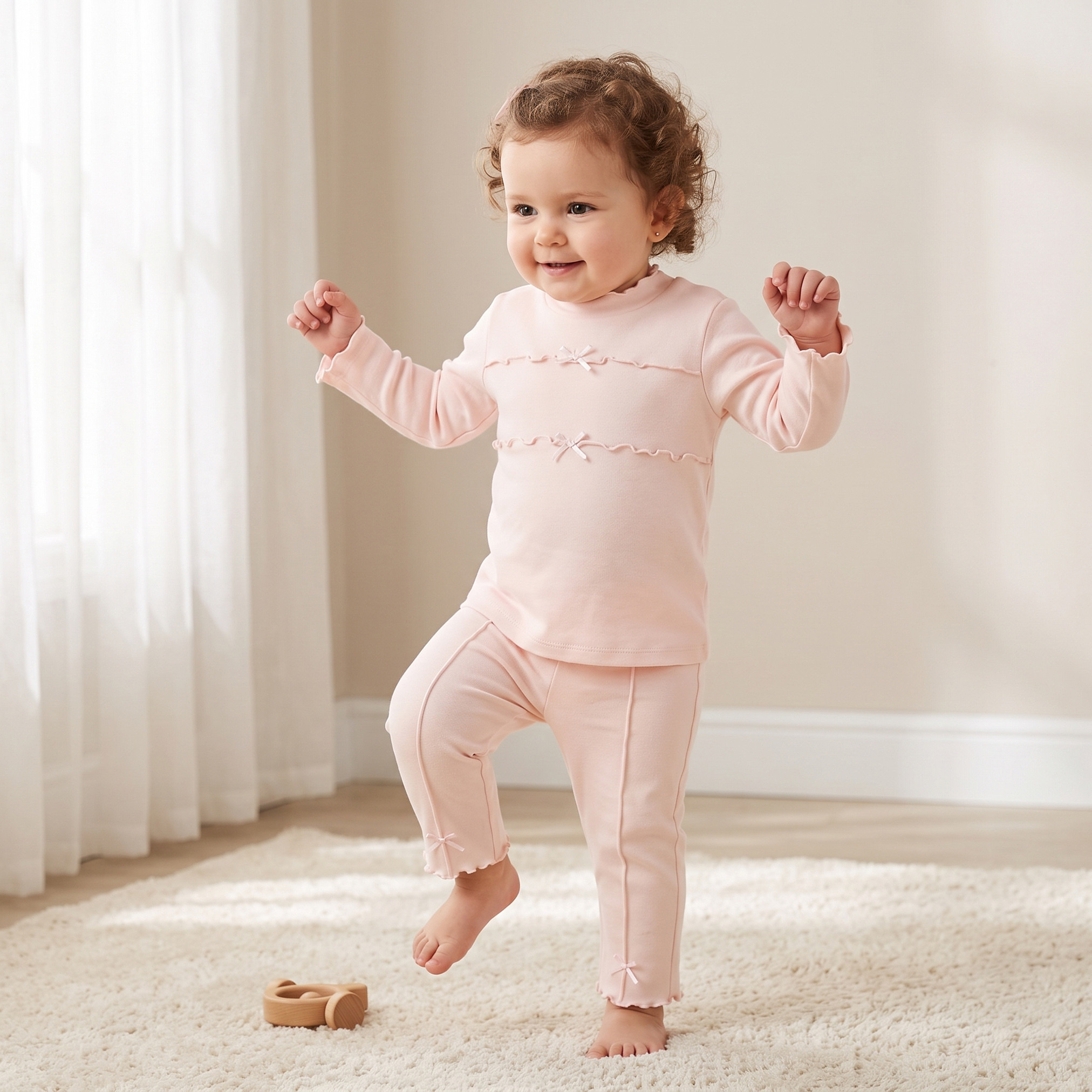 Juniors Crew Neck Long Sleeves Top and Pants Set with Lettuce Trim-baby-girls-clothing-setsandcoords-image-1