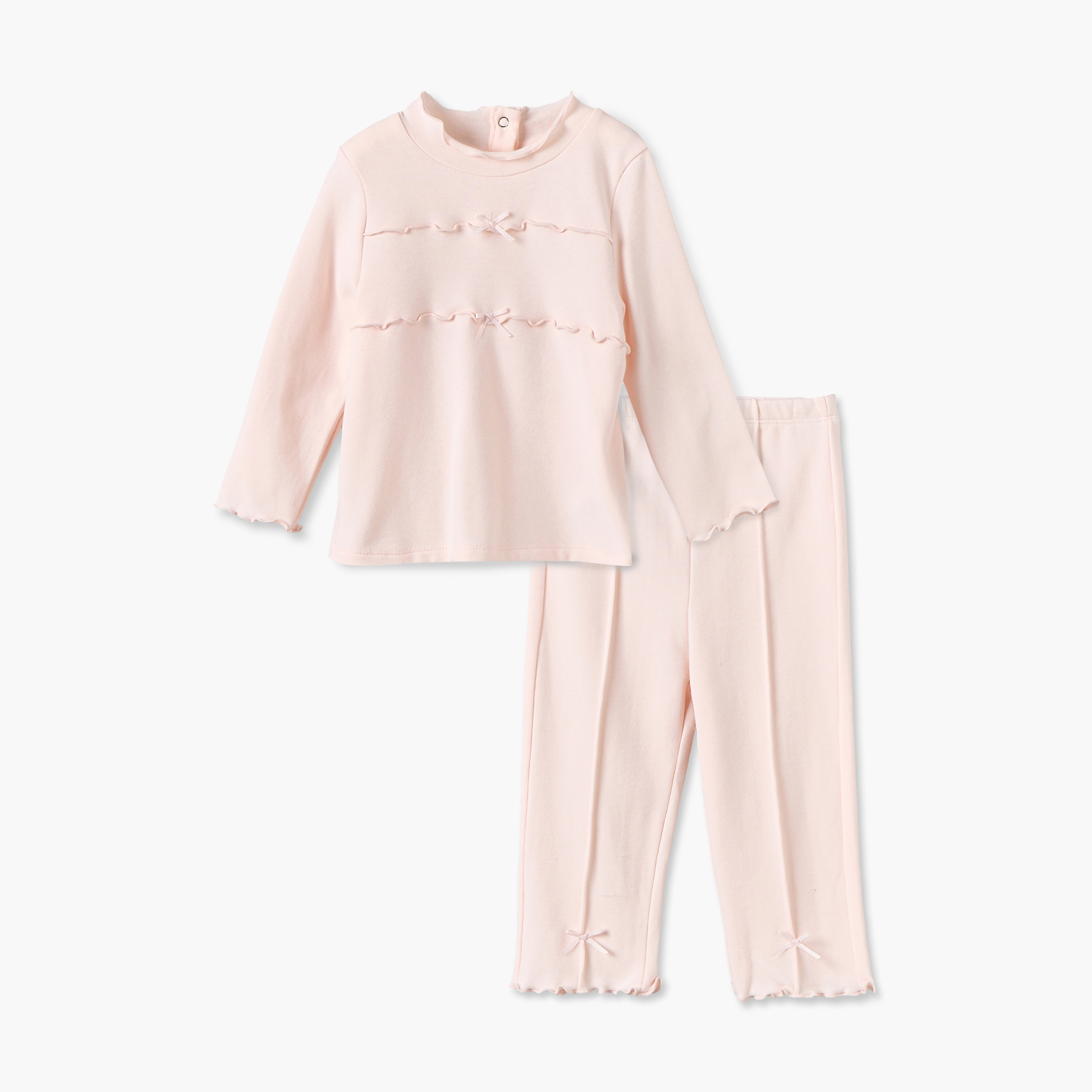 Juniors Crew Neck Long Sleeves Top and Pants Set with Lettuce Trim-baby-girls-clothing-setsandcoords-image-2