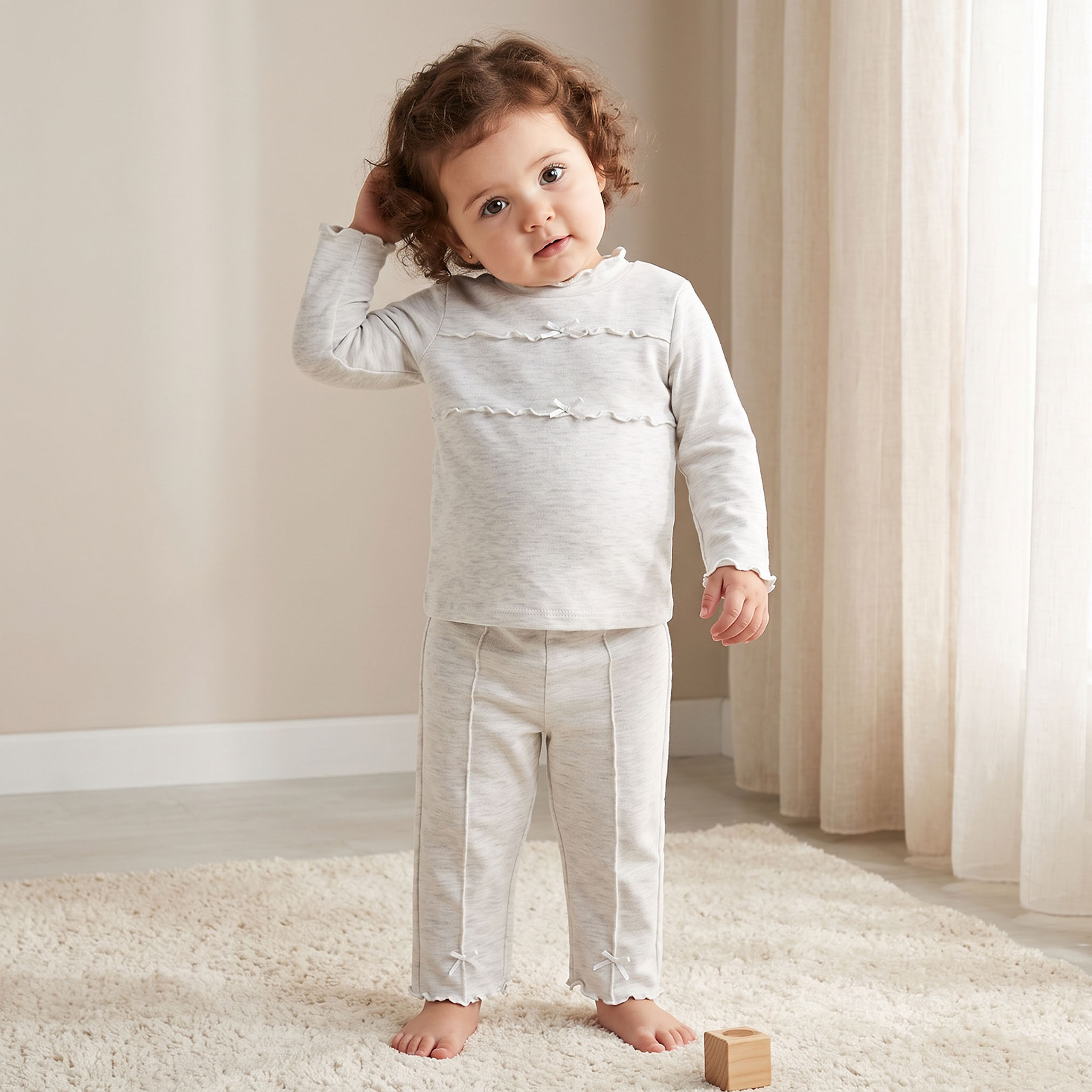 Juniors Crew Neck Long Sleeves Top and Pants Set with Lettuce Trim-baby-girls-clothing-setsandcoords-image-1