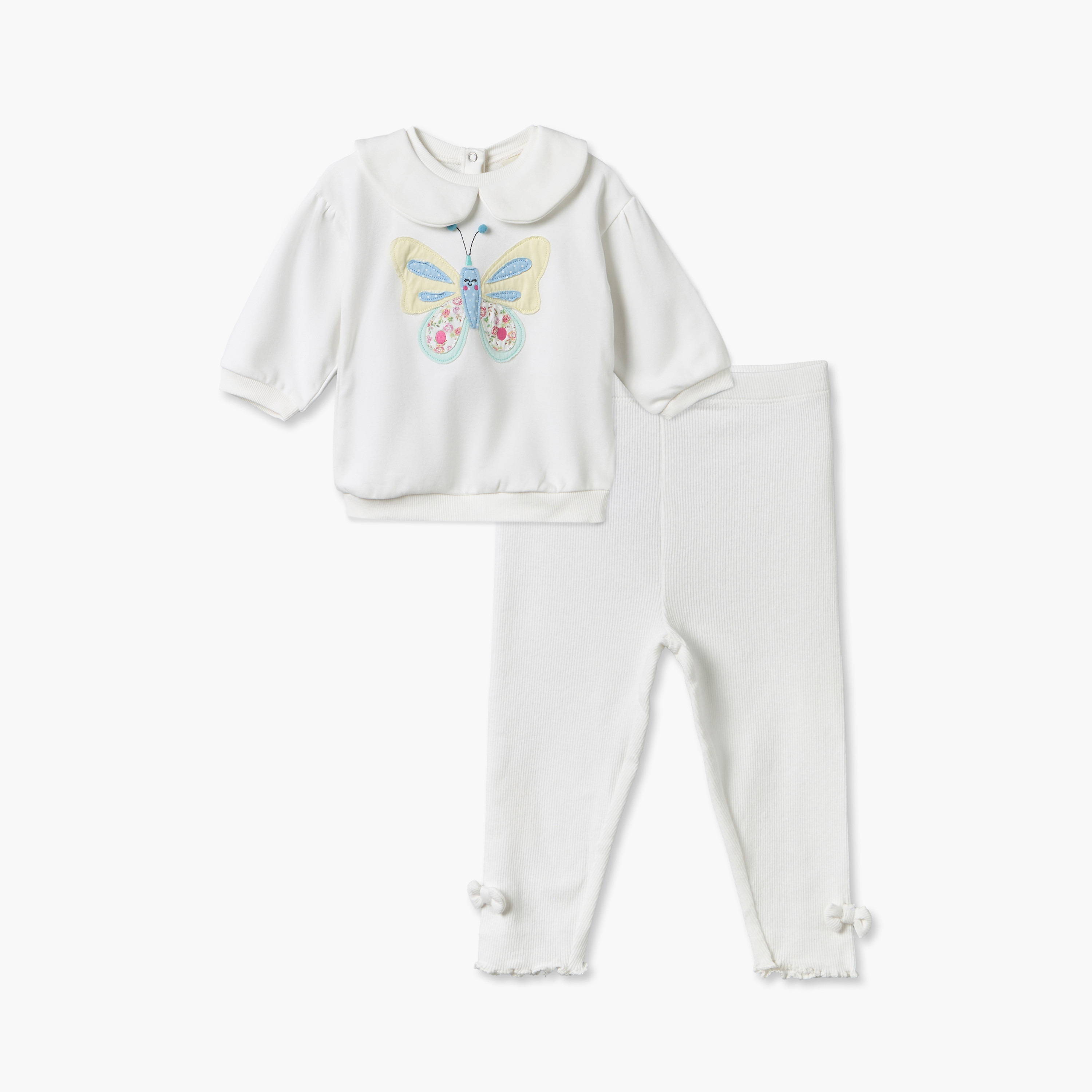 Juniors Peter Pan Collar Long Sleeves Sweatshirt and Pants Set with Butterfly Applique-baby-girls-clothing-setsandcoords-image-1