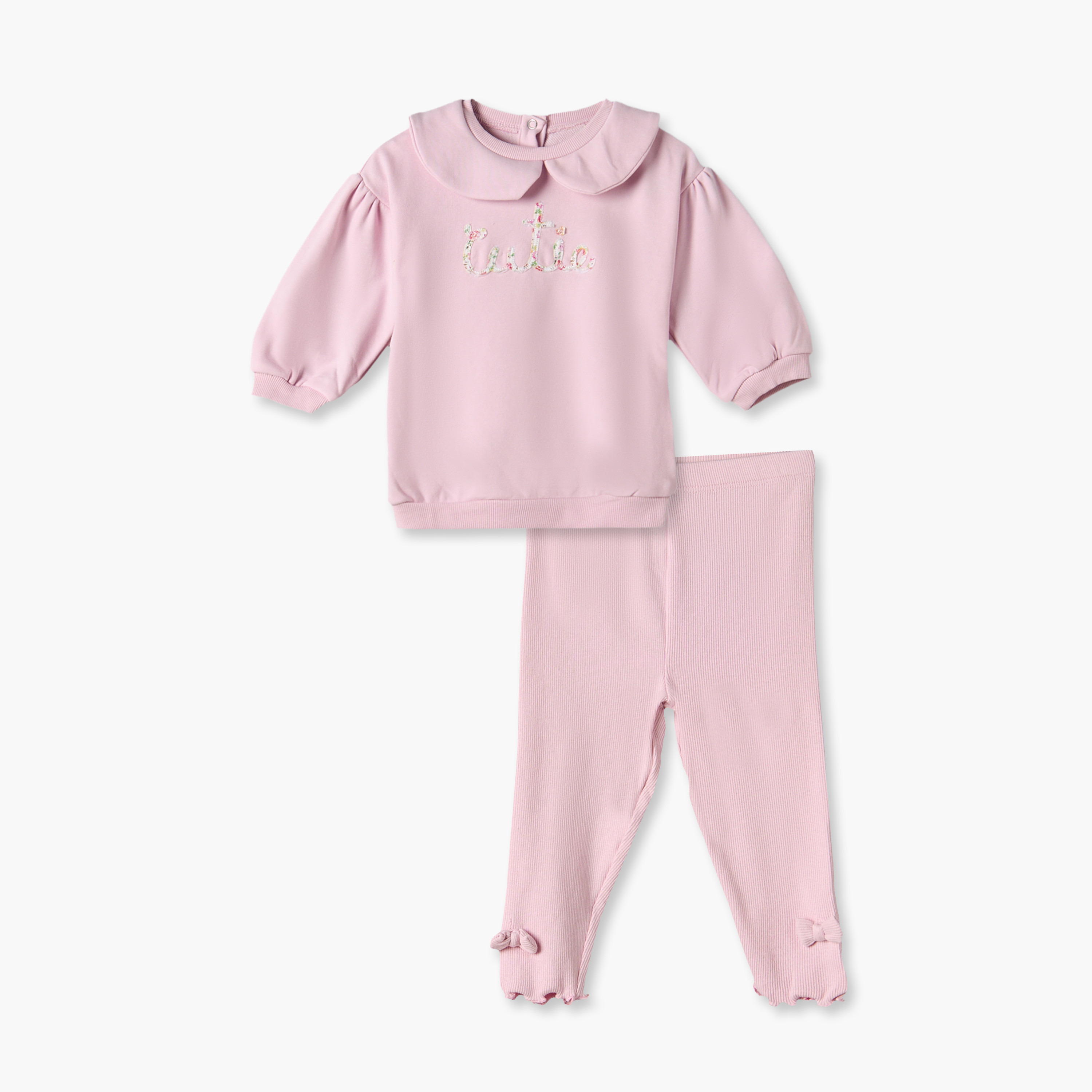 Juniors Peter Pan Collar Long Sleeves Sweatshirt and Leggings Set with Applique Accent-baby-girls-clothing-setsandcoords-image-2