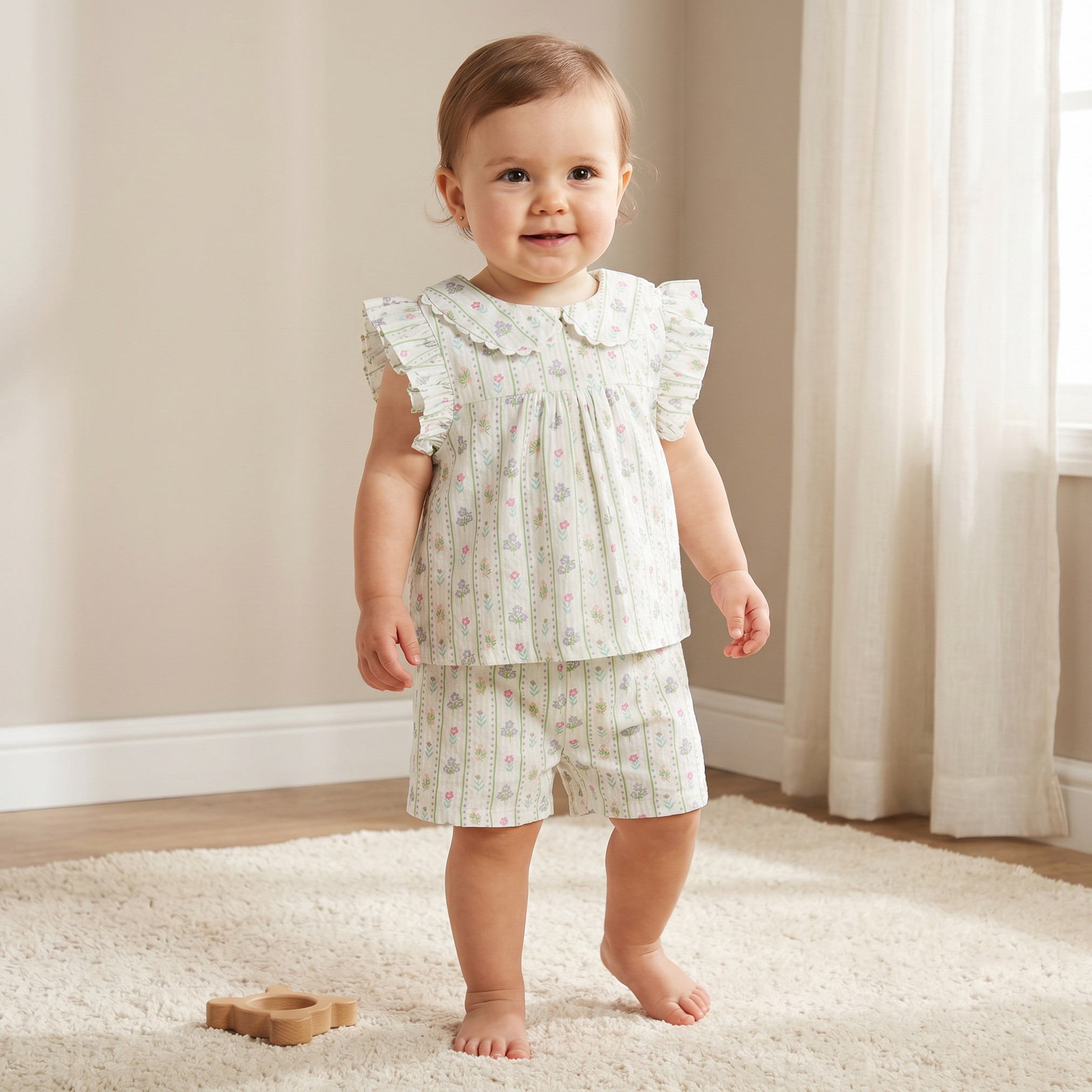 Juniors Collared Sleeveless Top and Shorts Set with Floral Print-baby-girls-clothing-setsandcoords-image-1