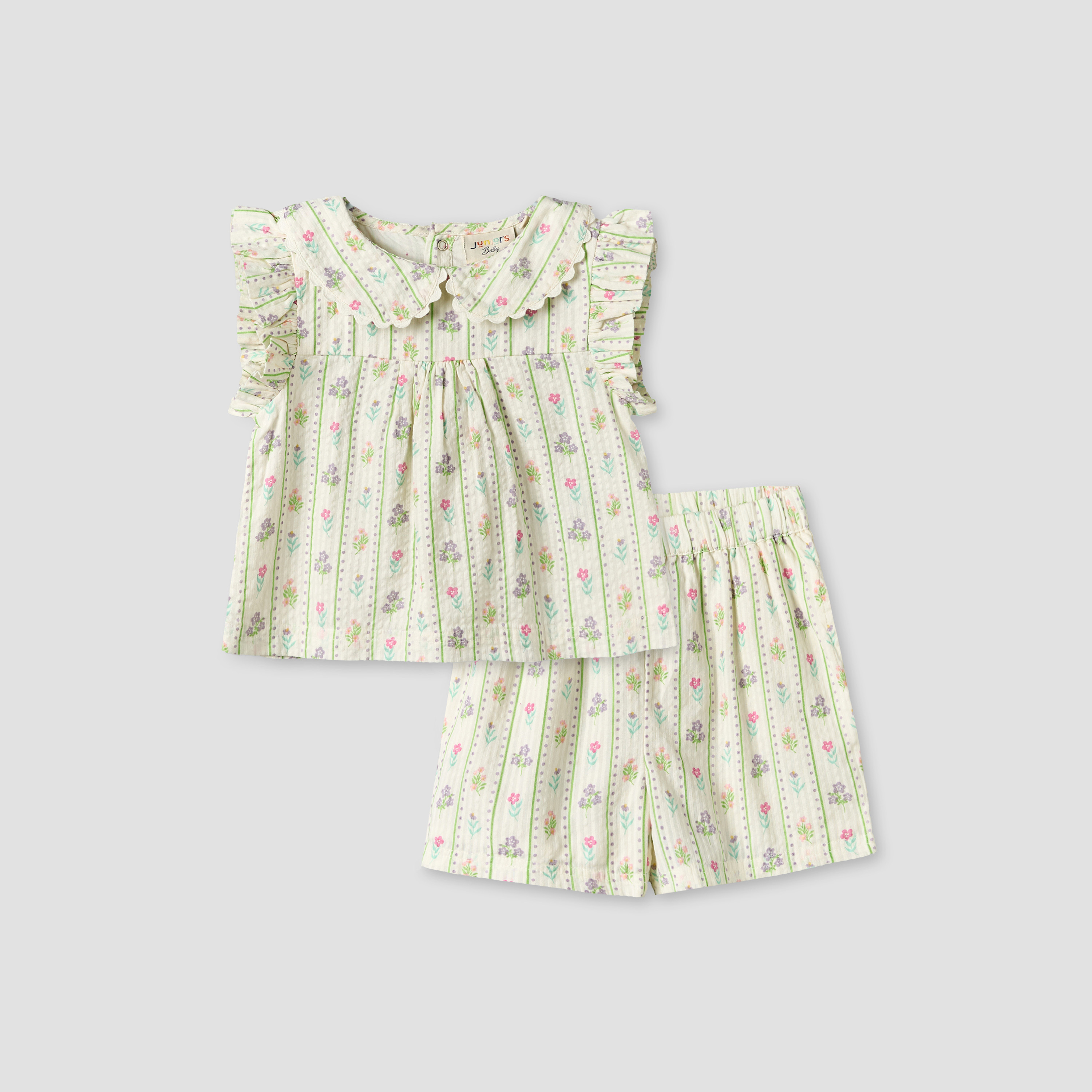 Juniors Collared Sleeveless Top and Shorts Set with Floral Print-baby-girls-clothing-setsandcoords-image-2