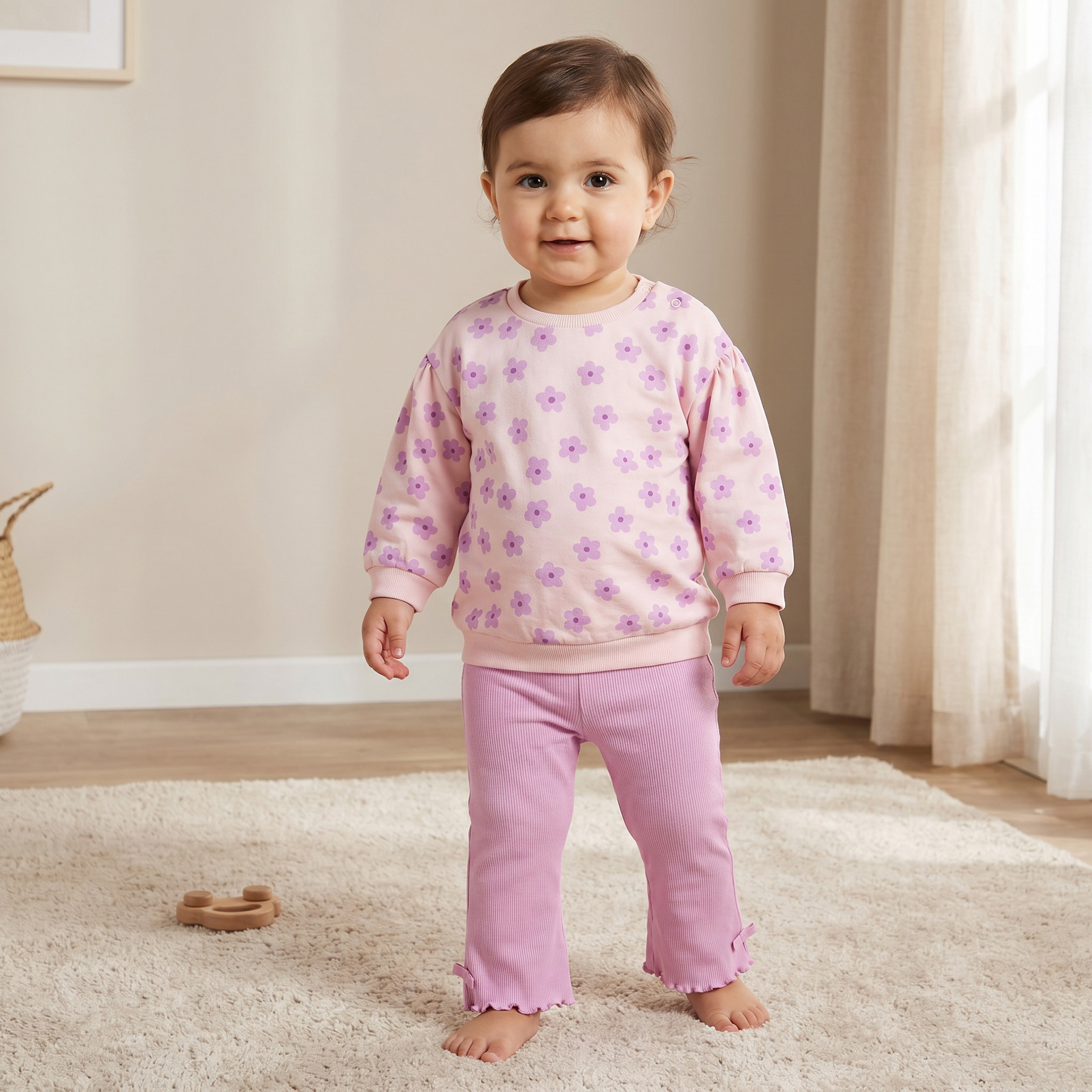 Juniors Crew Neck Long Sleeves Sweatshirt and Leggings Set with Floral Print-baby-girls-clothing-setsandcoords-image-1