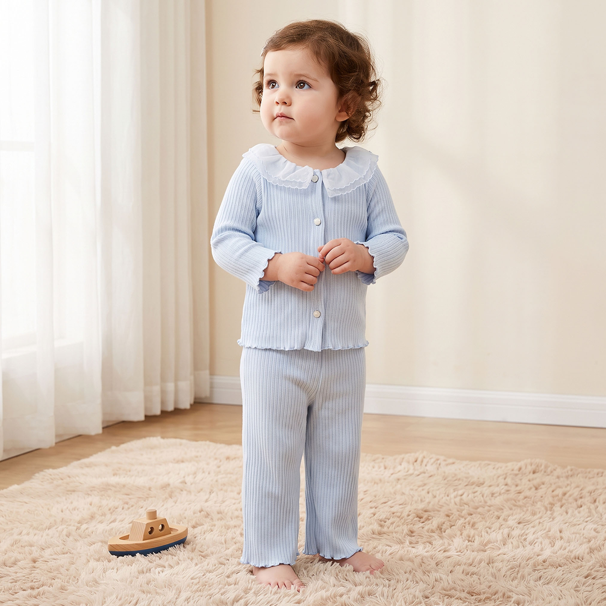 Juniors Collared Long Sleeves Top and Pants Set with Ribbed Texture-baby-girls-clothing-setsandcoords-image-1