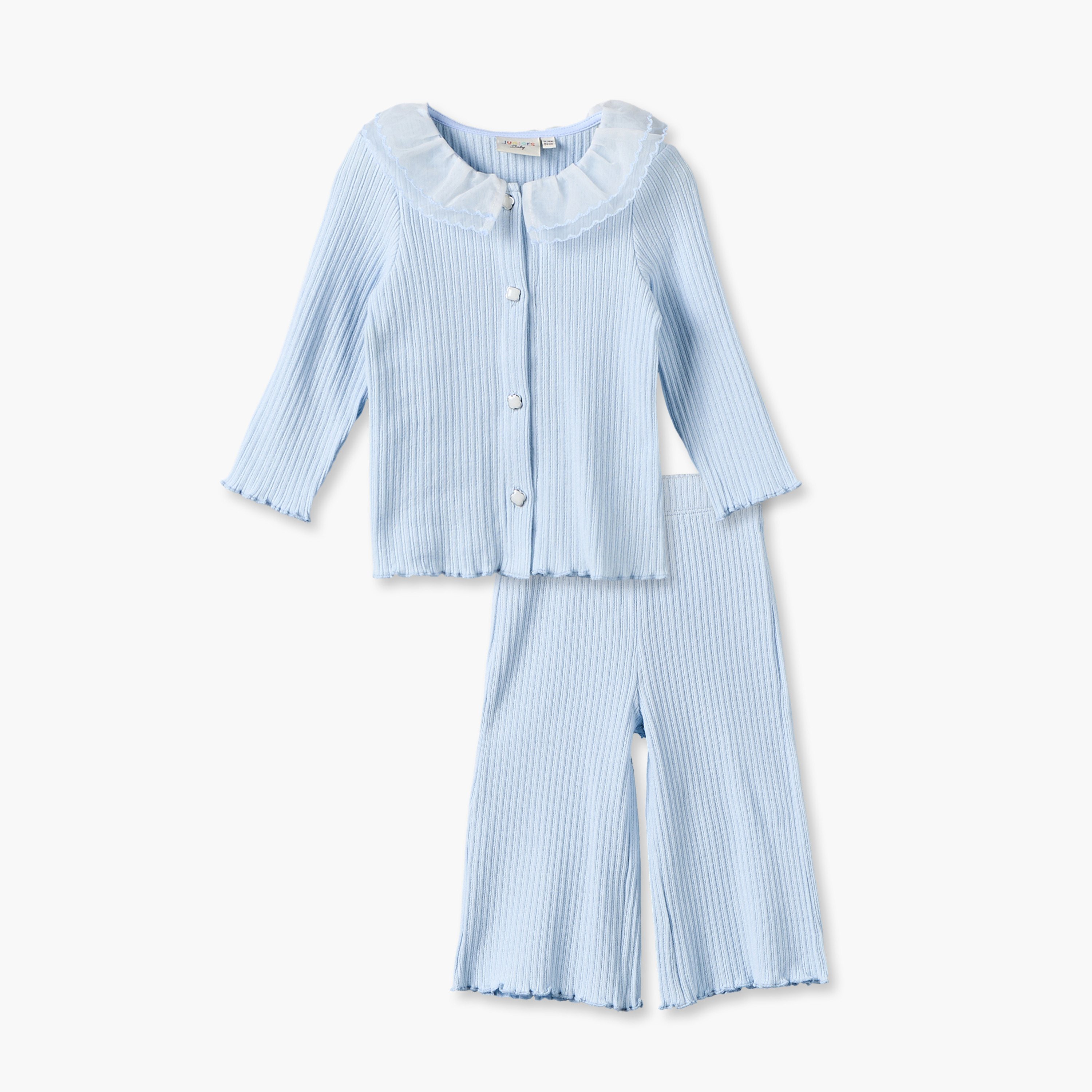 Juniors Collared Long Sleeves Top and Pants Set with Ribbed Texture-baby-girls-clothing-setsandcoords-image-2