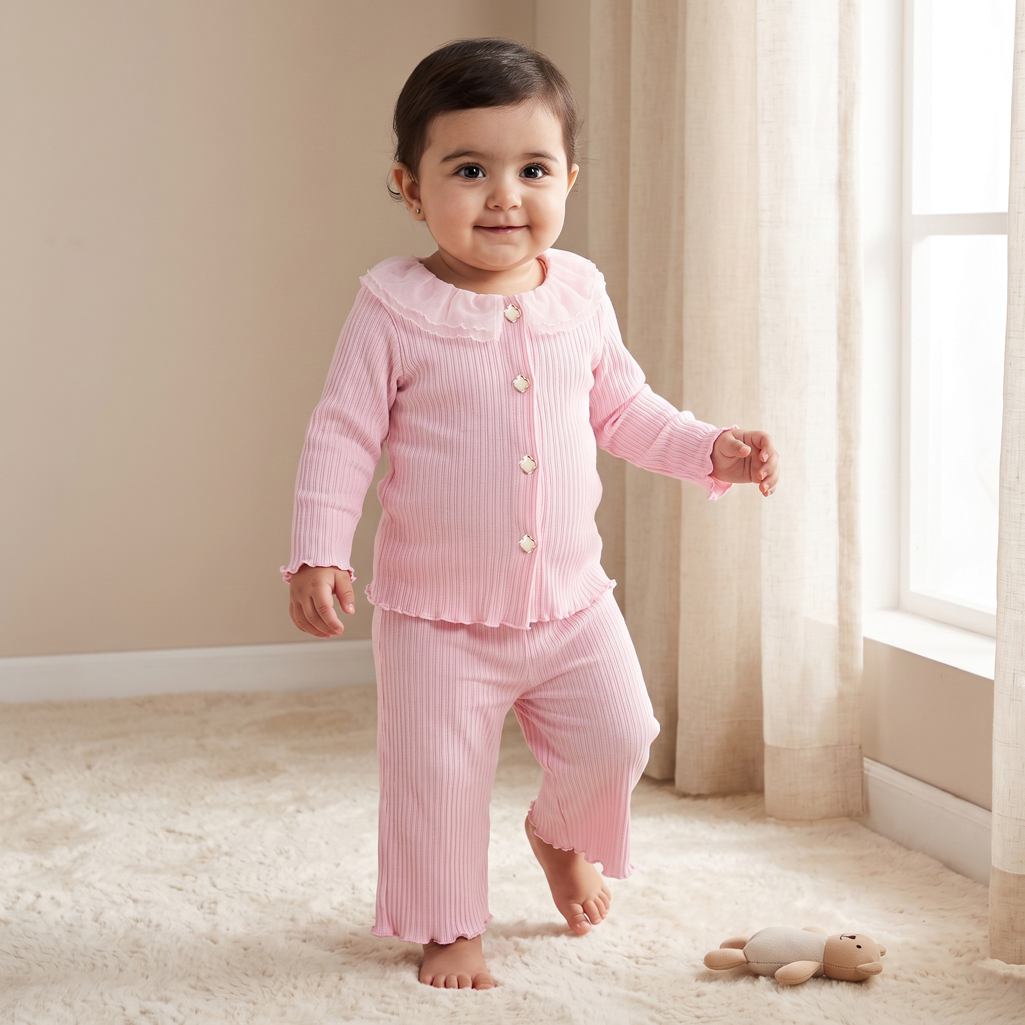 Juniors Collared Long Sleeves Top and Pants Set with Ribbed Texture-baby-girls-clothing-setsandcoords-image-1
