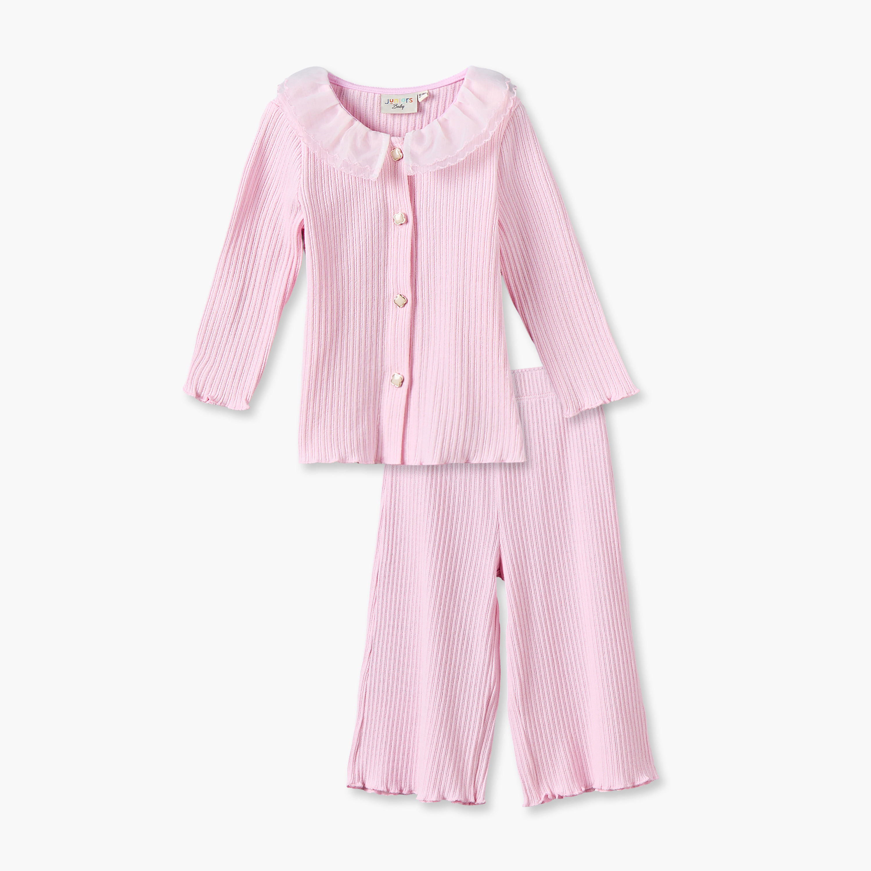 Juniors Collared Long Sleeves Top and Pants Set with Ribbed Texture-baby-girls-clothing-setsandcoords-image-2