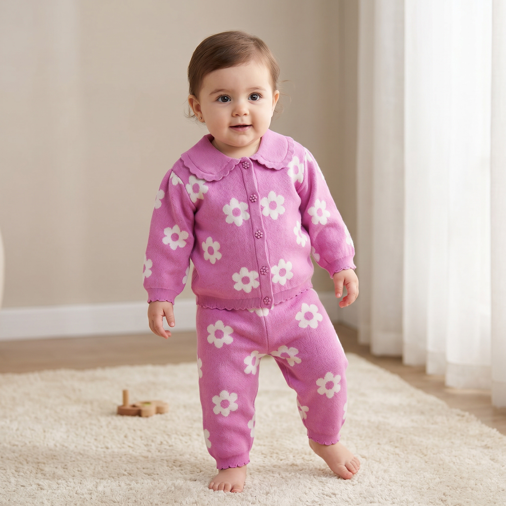 طقم كارديجان بياقة بيتر بان وأكمام طويلة وبنطلون بطبعات من جونيورز-baby-girls-clothing-setsandcoords-image-1