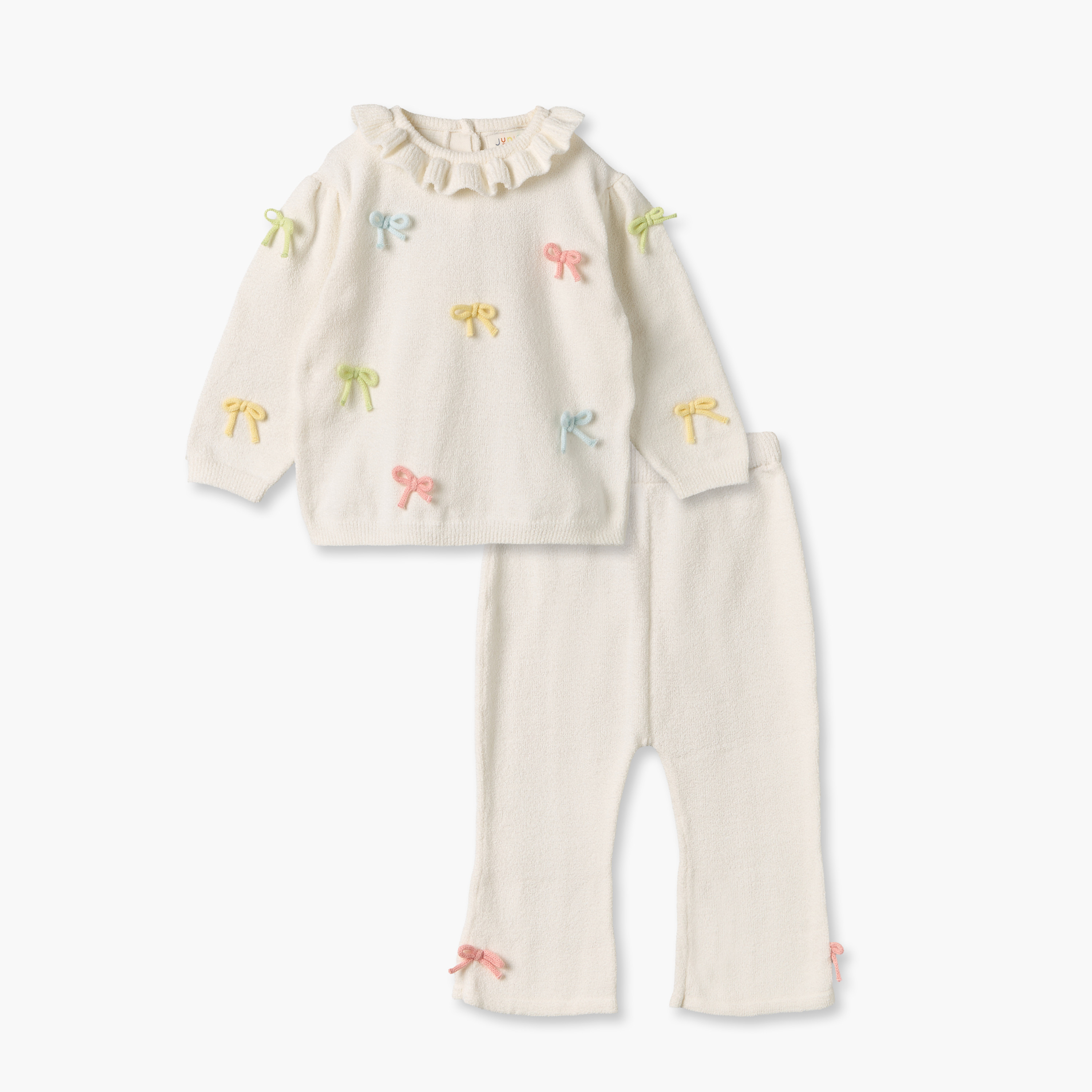 طقم بلوزة بأكمام طويلة وياقة عادية وبنطلون بزخارف فيونكة للبنات من جونيورز-baby-girls-clothing-setsandcoords-image-1