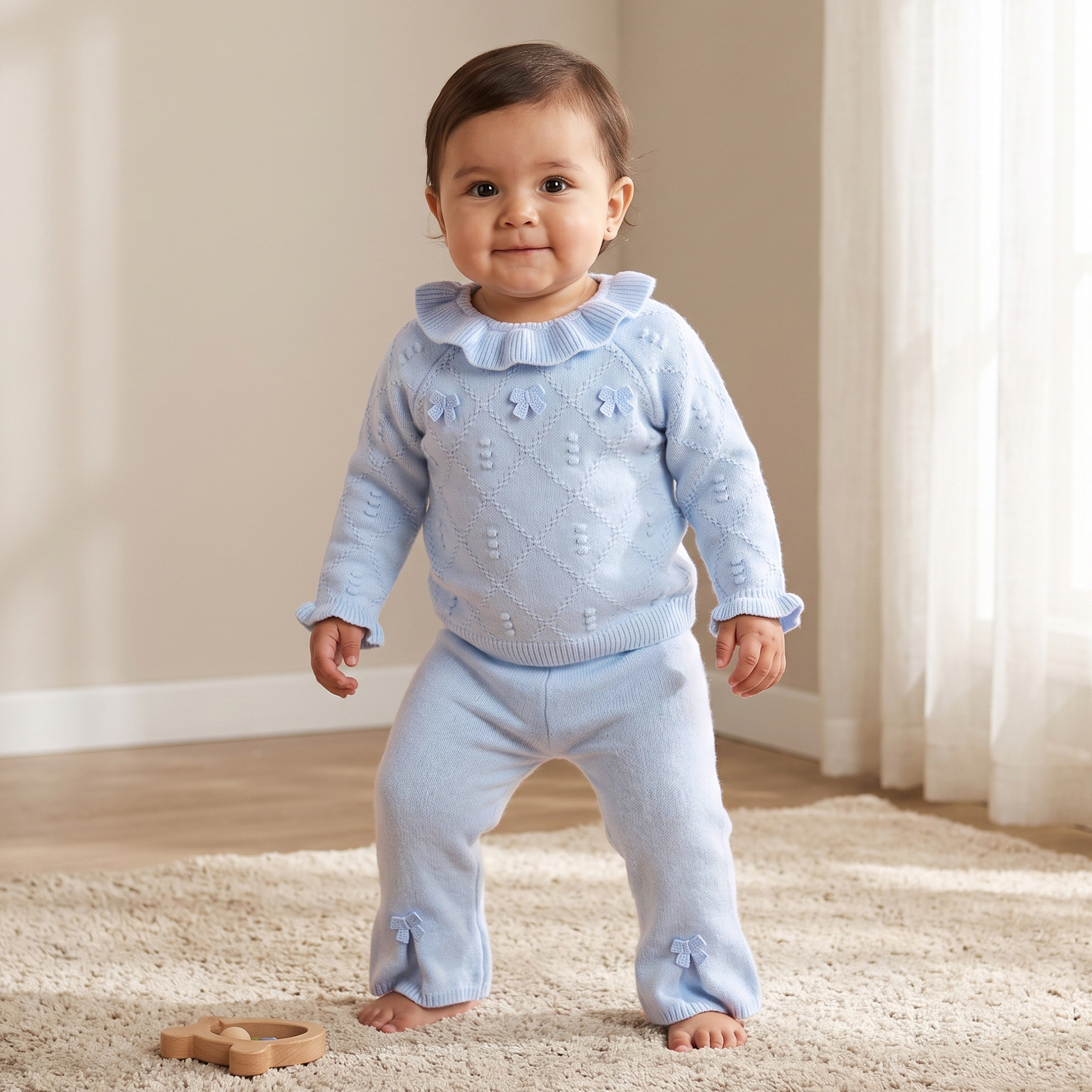Juniors Collared Long Sleeves Sweater and Pants Set with Bow Accent-baby-girls-clothing-setsandcoords-image-1