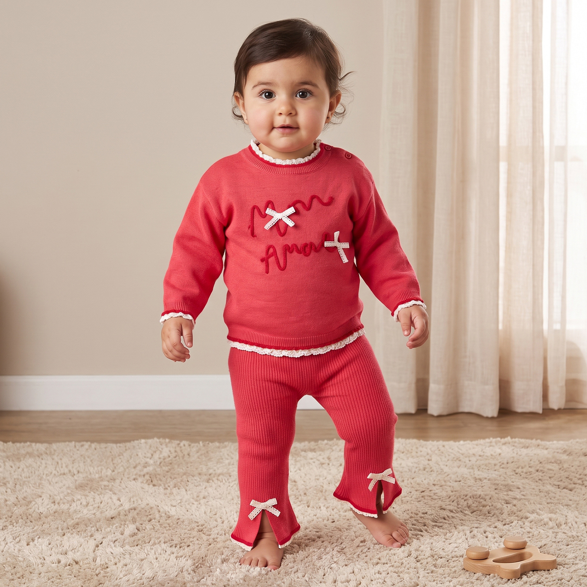 Juniors Collared Long Sleeves Sweater and Pants Set with Bow Accent-baby-girls-clothing-setsandcoords-image-1