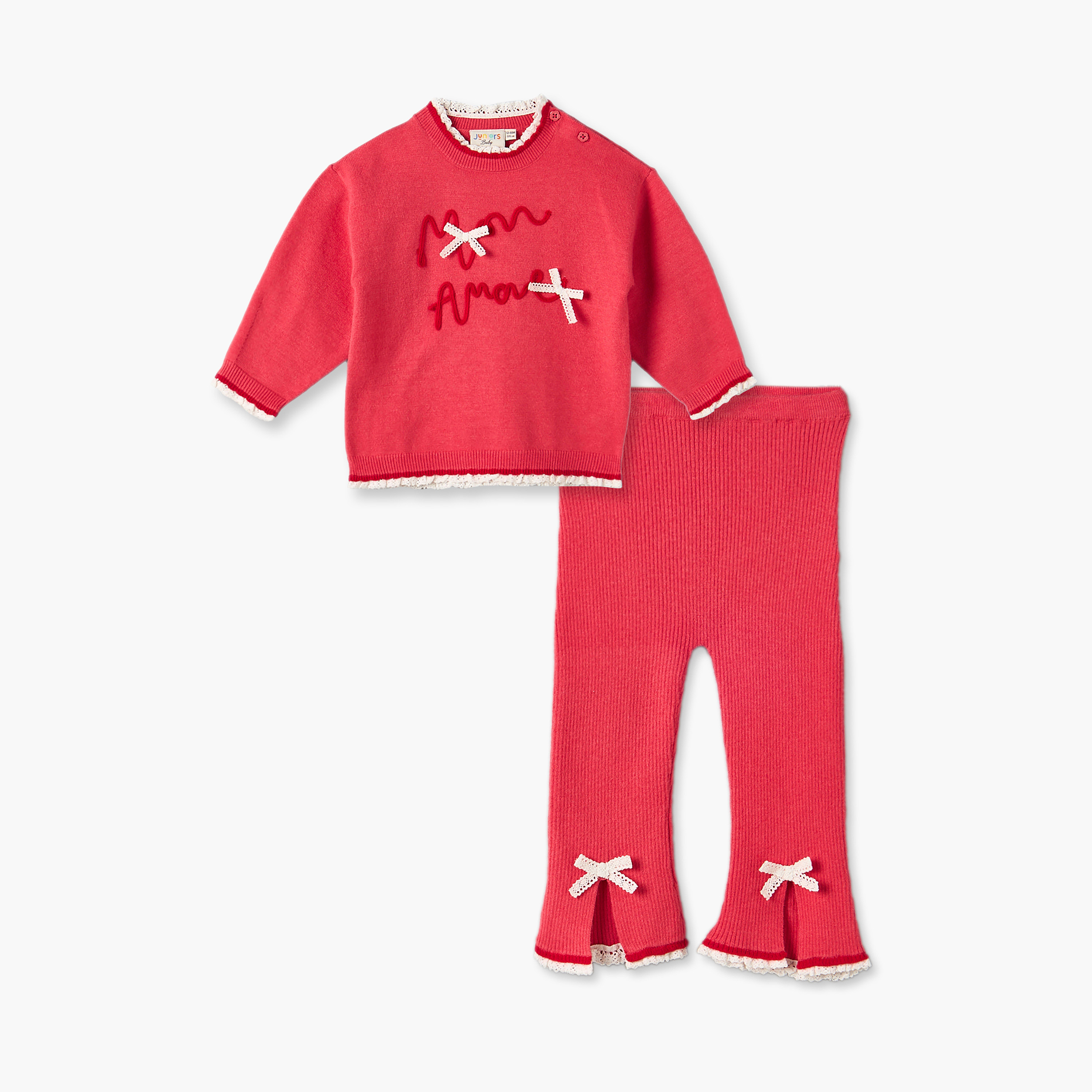 Juniors Collared Long Sleeves Sweater and Pants Set with Bow Accent-baby-girls-clothing-setsandcoords-image-2