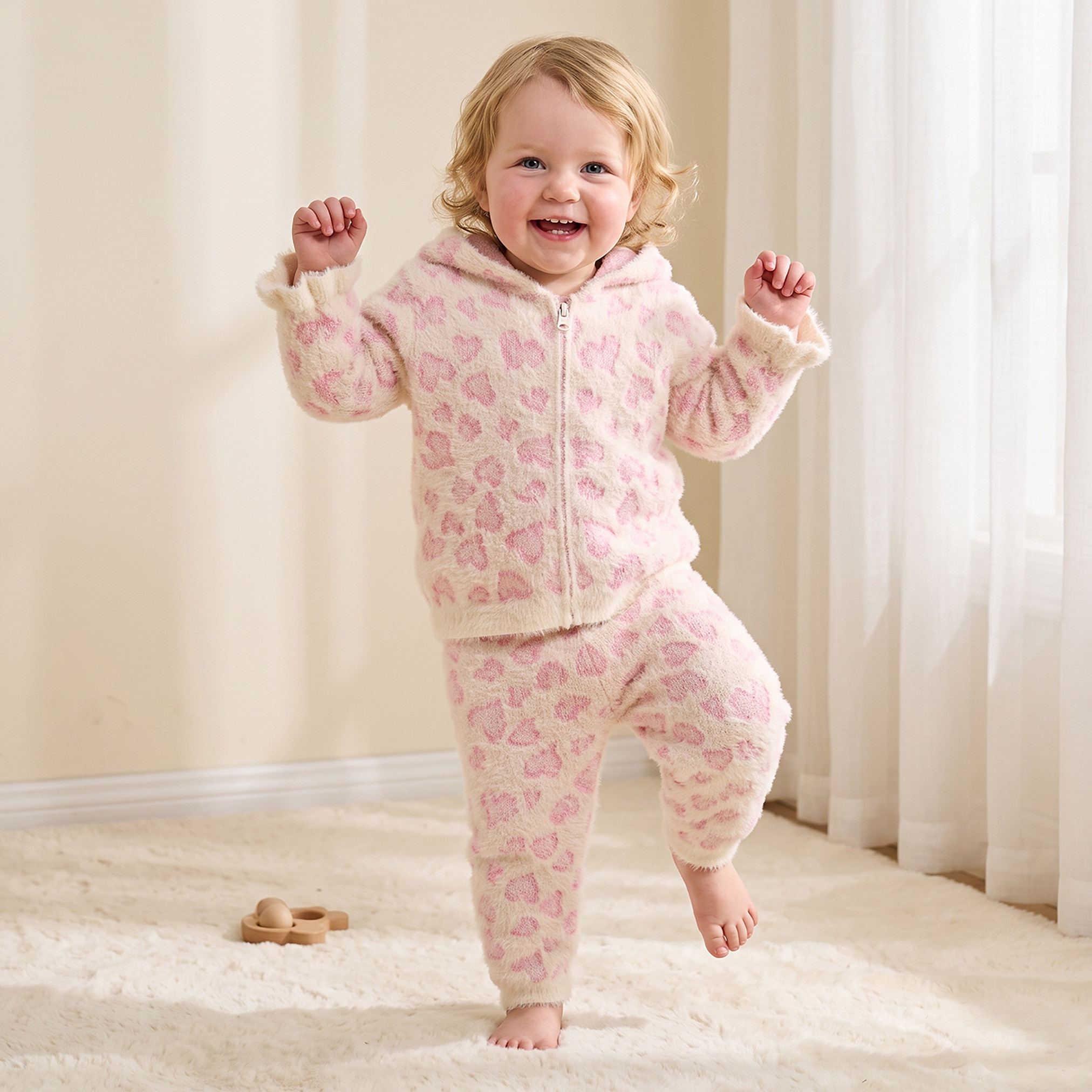 Juniors Hooded Neck Long Sleeves Cardigan and Pants Set with Heart Textured Detail-baby-girls-clothing-setsandcoords-image-1