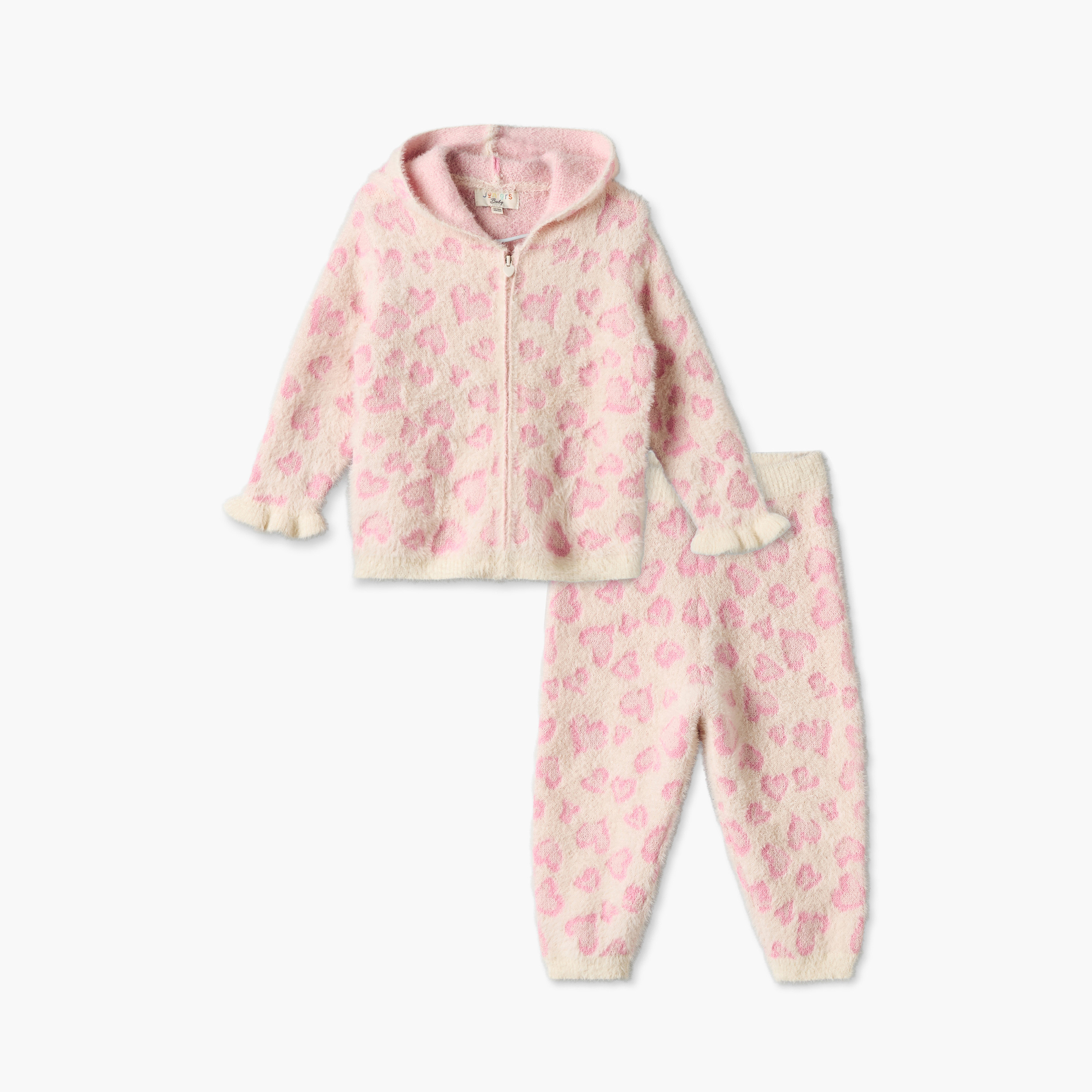 Juniors Hooded Neck Long Sleeves Cardigan and Pants Set with Heart Textured Detail-baby-girls-clothing-setsandcoords-image-2