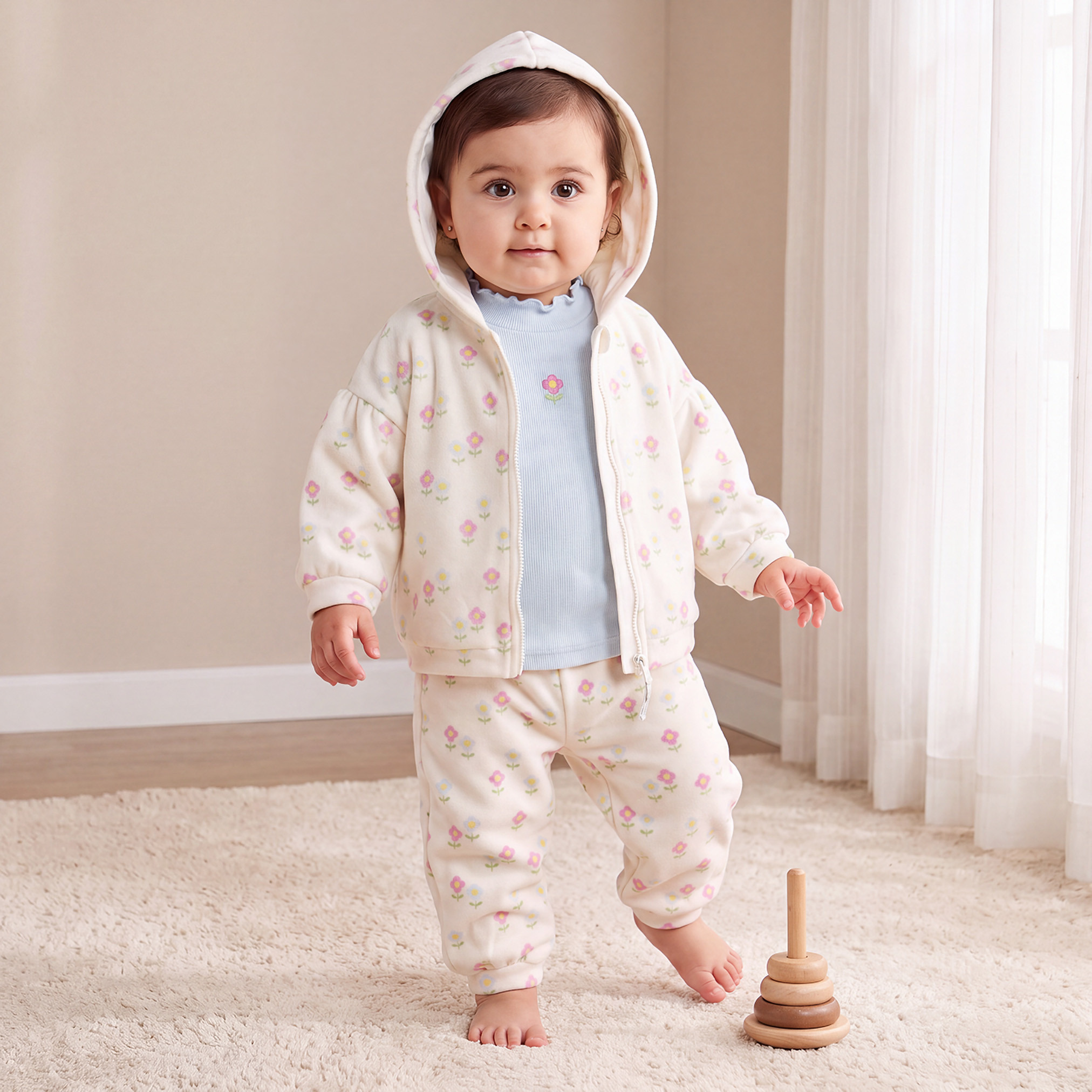 Juniors Hooded Long Sleeves Sweatshirt and Joggers Set with Floral Embroidered Top-baby-girls-clothing-setsandcoords-image-2
