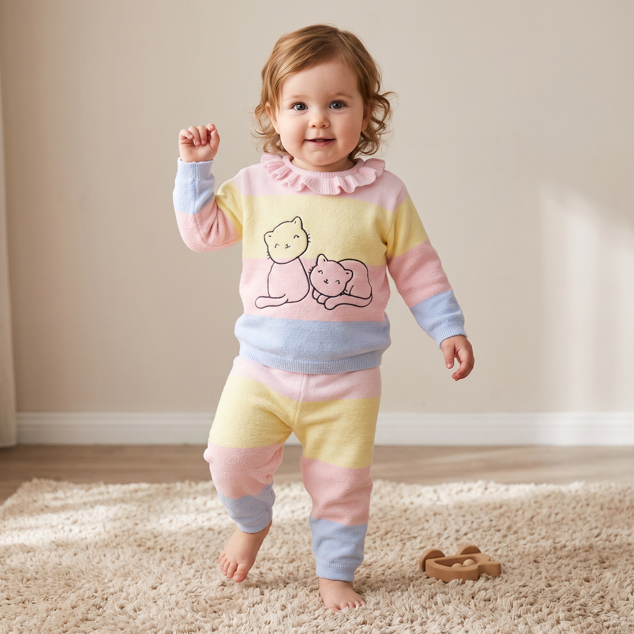Juniors Ruffle Collared Long Sleeves Sweater and Joggers Set with Cat Print-baby-girls-clothing-setsandcoords-image-1