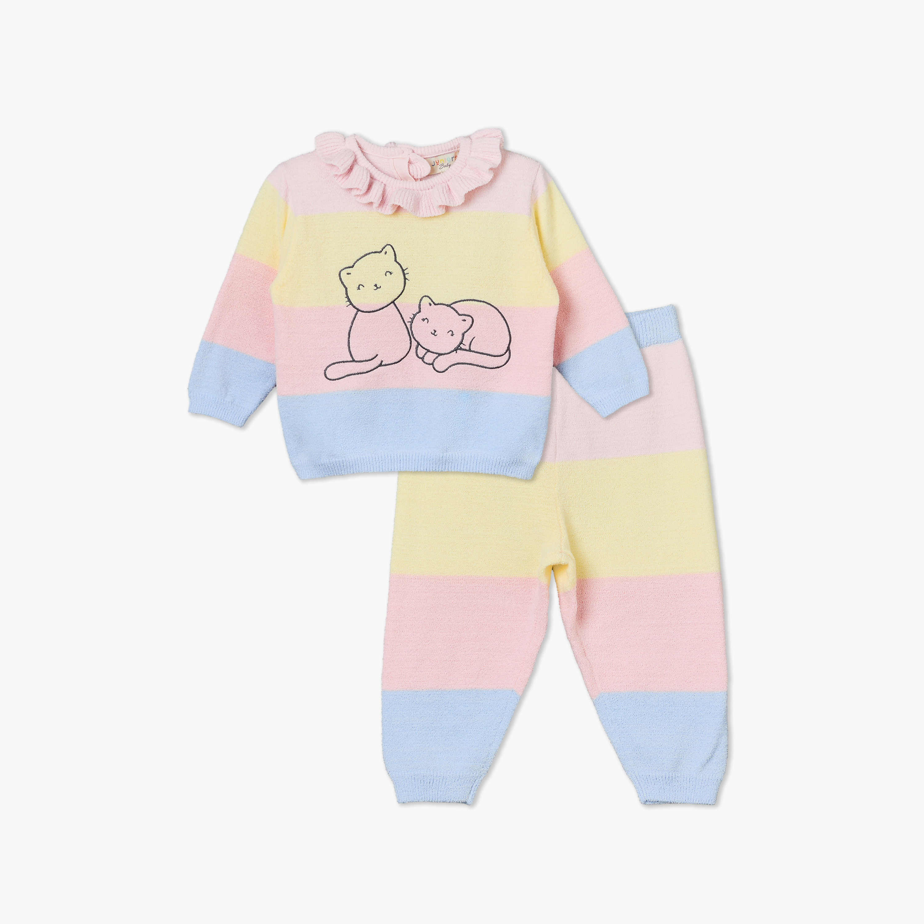 Juniors Ruffle Collared Long Sleeves Sweater and Joggers Set with Cat Print-baby-girls-clothing-setsandcoords-image-2