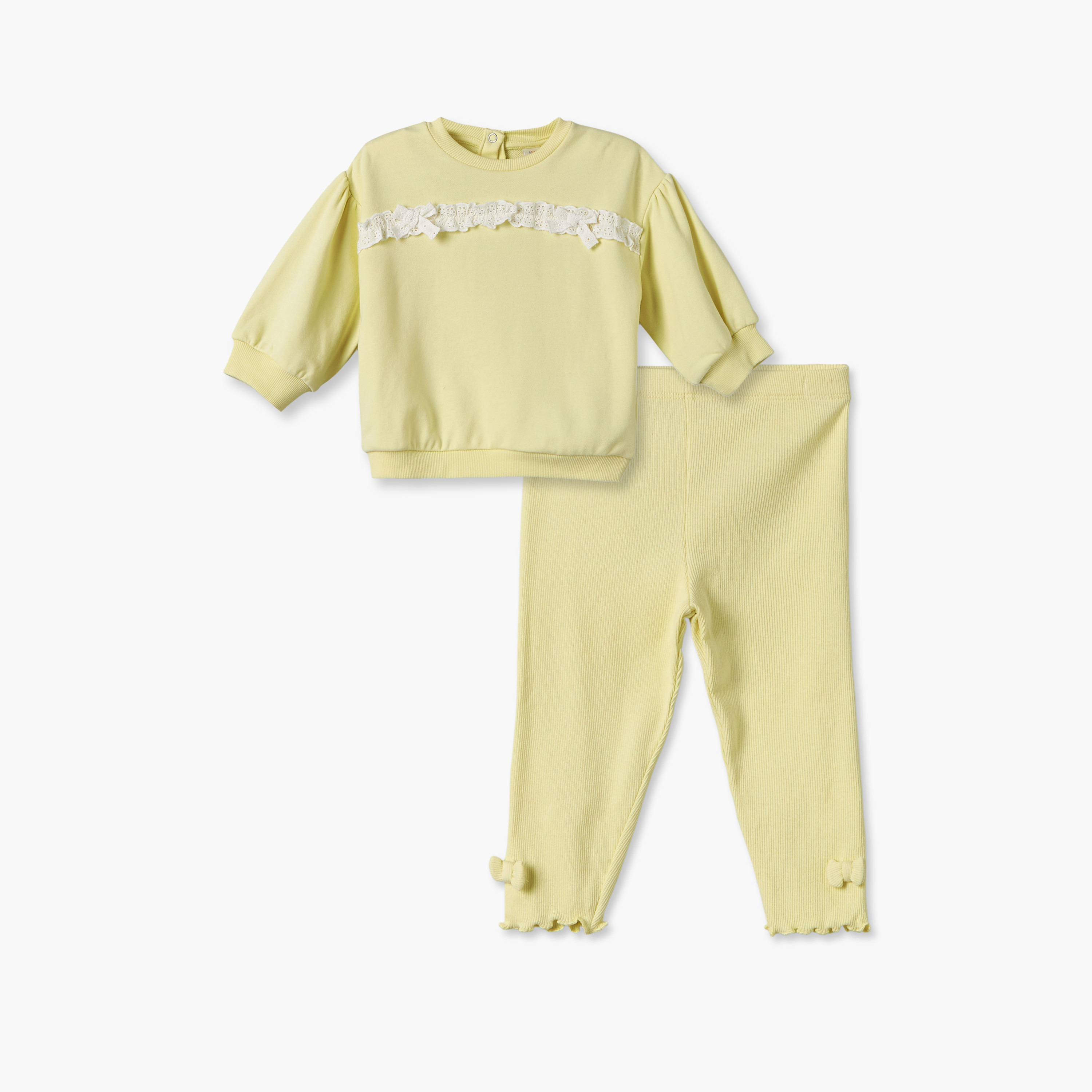 طقم سويت شيرت بياقة ضيقة وأكمام طويلة ودانتيل مع بنطلون ليقنز من جونيورز-baby-girls-clothing-setsandcoords-image-1