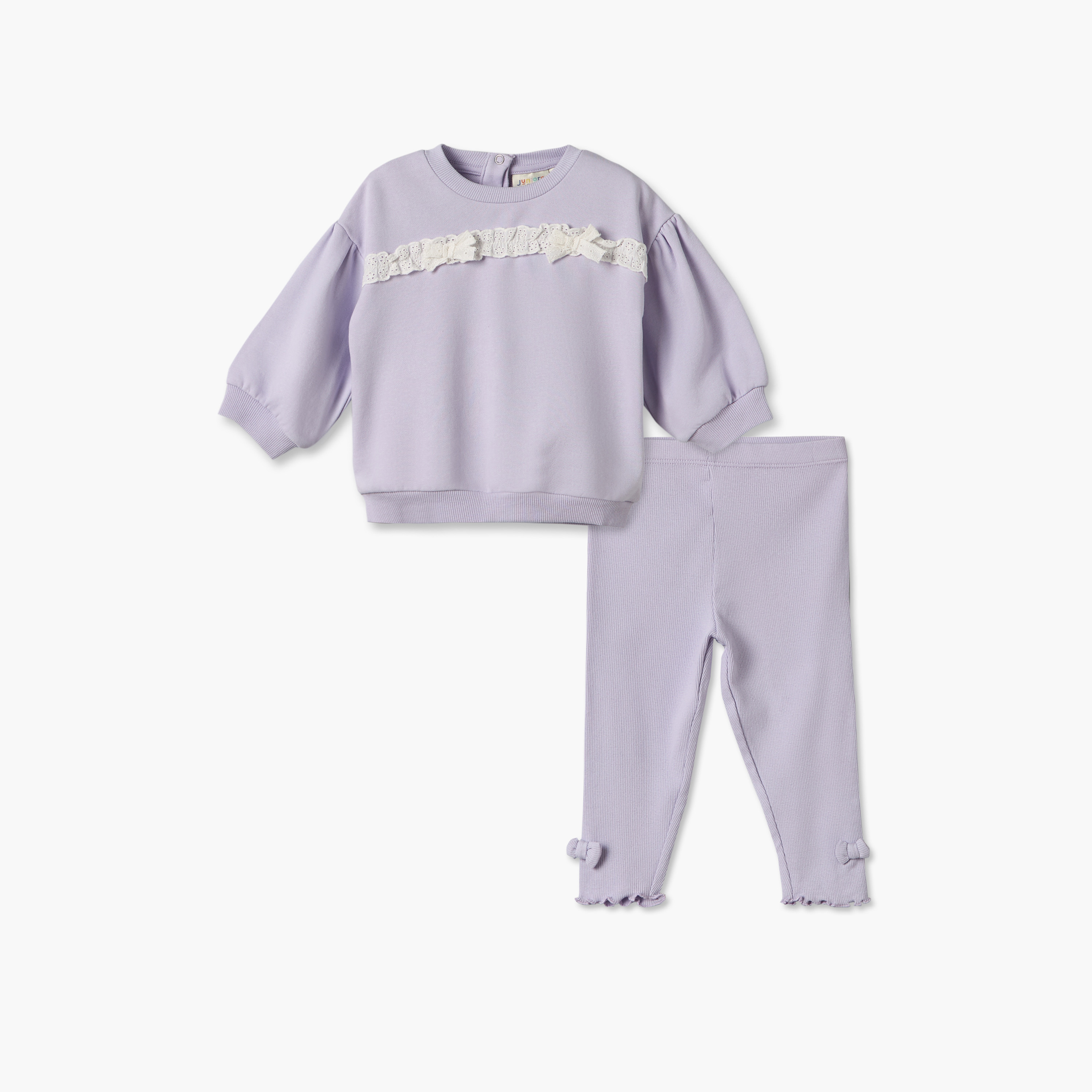 Juniors Crew Neck Long Sleeves Sweatshirt and Leggings Set with Lace Trim-baby-girls-clothing-setsandcoords-image-1