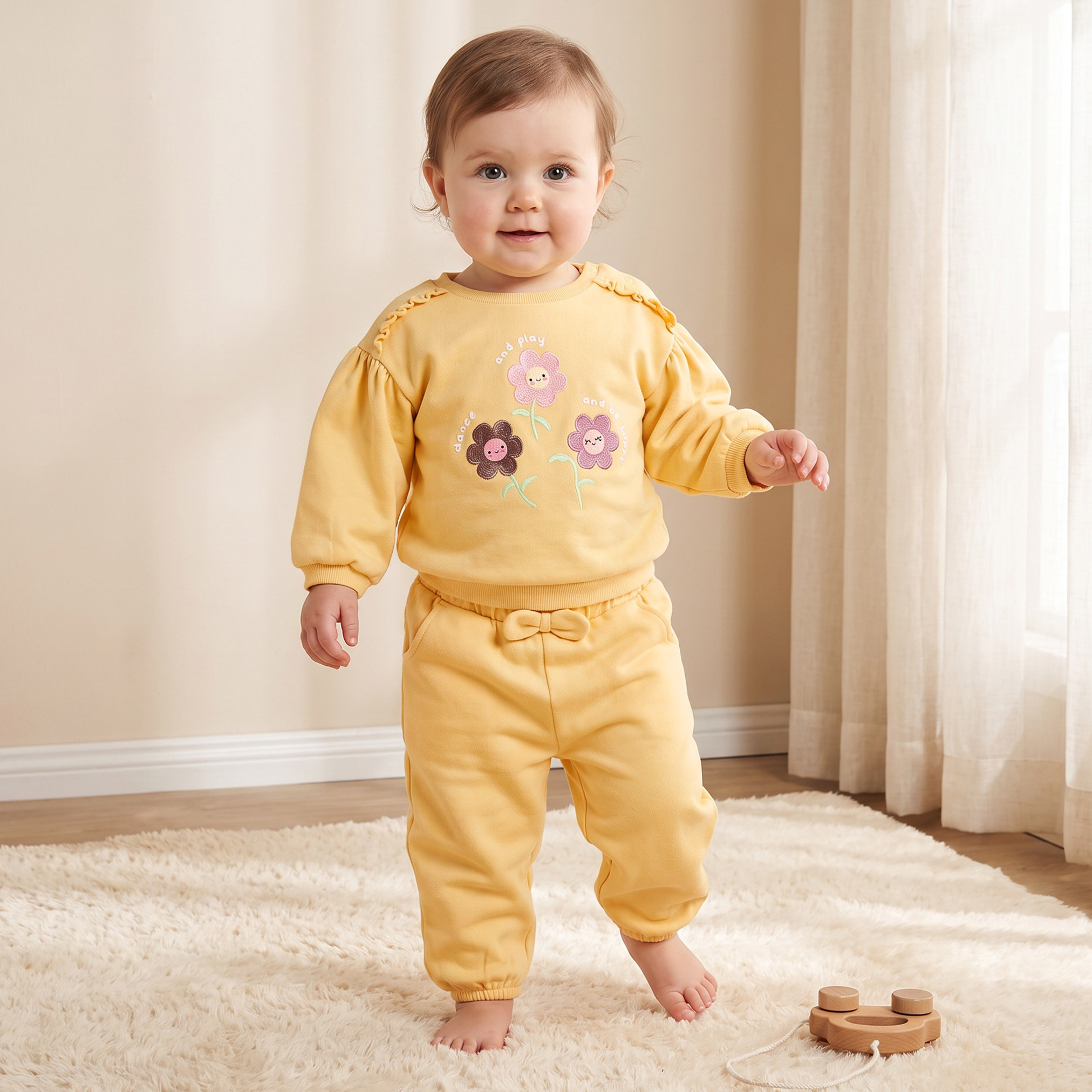طقم سويت شيرت بأكمام طويلة وياقة مستديرة مع بنطلون رياضي بطبعات زهور من جونيورز-baby-girls-clothing-setsandcoords-image-1