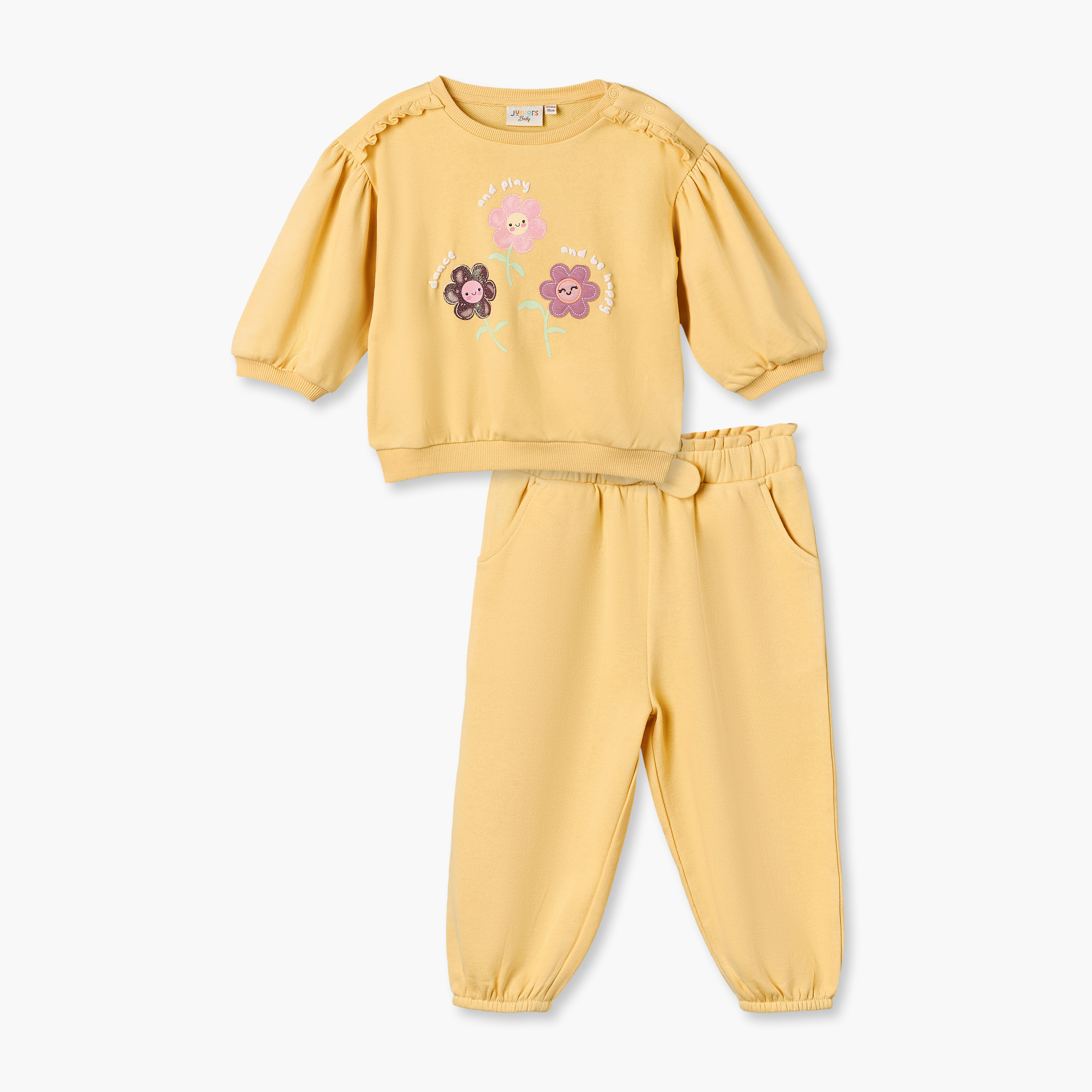 طقم سويت شيرت بأكمام طويلة وياقة مستديرة مع بنطلون رياضي بطبعات زهور من جونيورز-baby-girls-clothing-setsandcoords-image-2