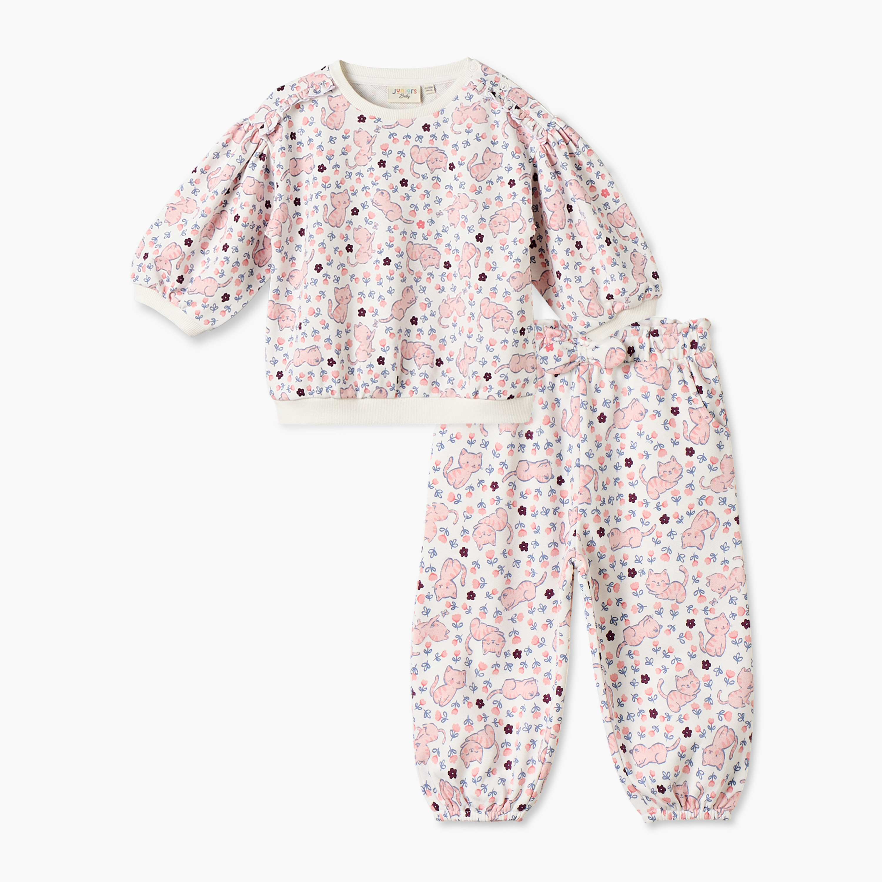طقم سويت شيرت بياقة ضيقة وأكمام طويلة وبنطلون رياضي بطبعات قطة من جونيورز-baby-girls-clothing-setsandcoords-image-2