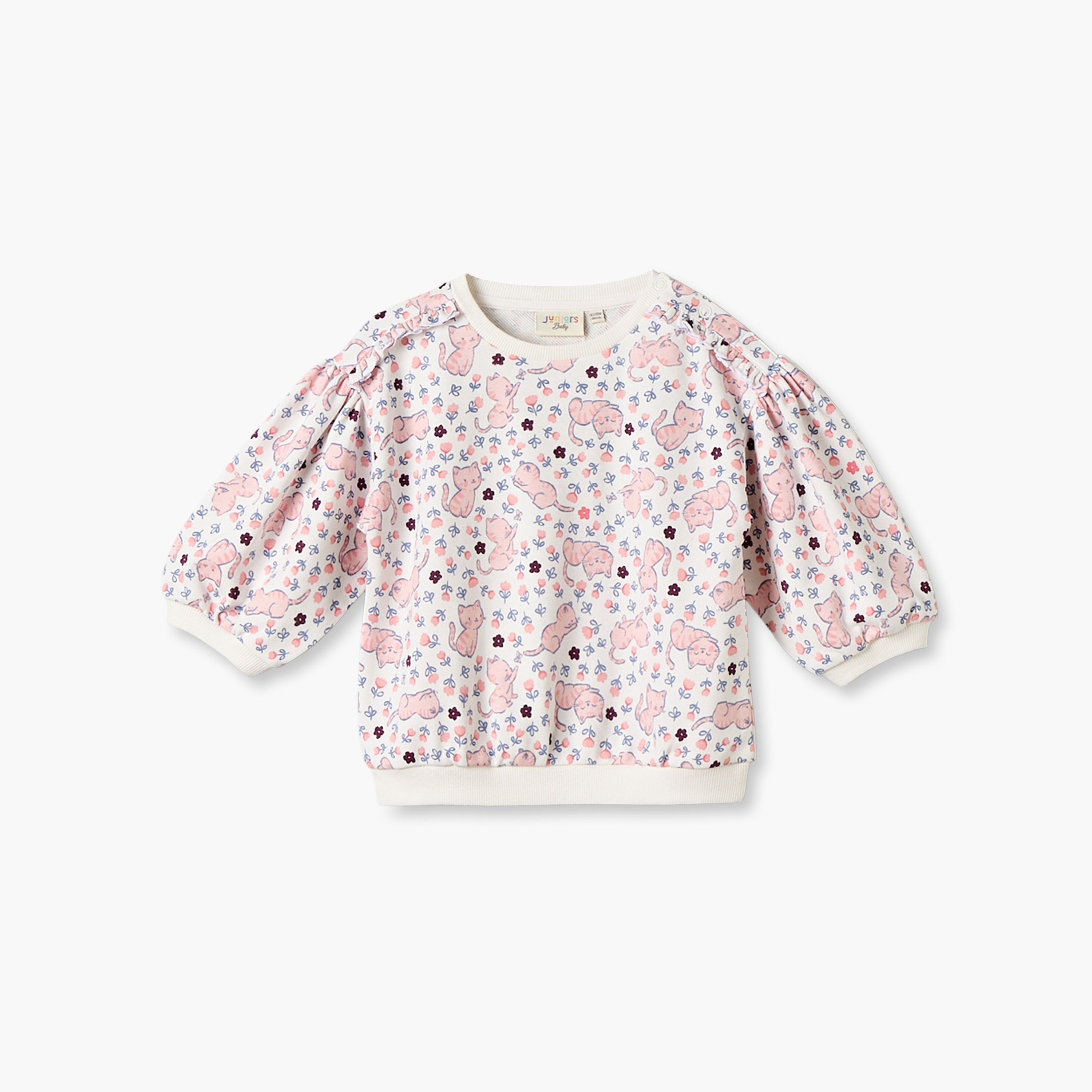 طقم سويت شيرت بياقة ضيقة وأكمام طويلة وبنطلون رياضي بطبعات قطة من جونيورز-baby-girls-clothing-setsandcoords-image-3