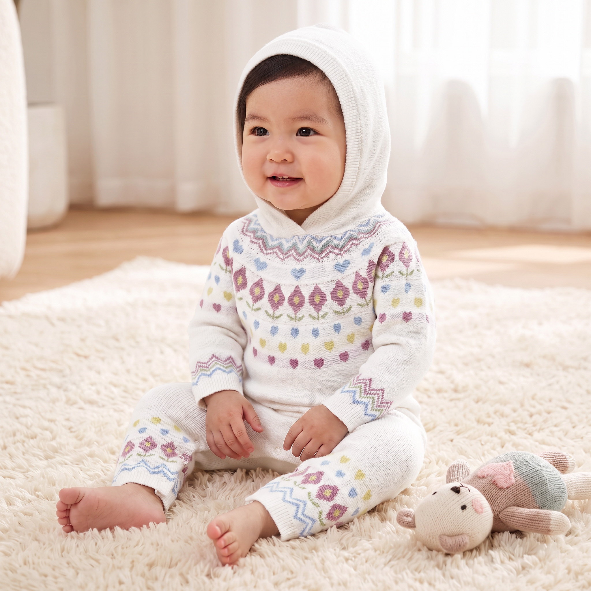 أفرول بقبعة وأكمام طويلة وأزرار إغلاق كباسة من جونيورز-baby-girls-clothing-rompers-image-1