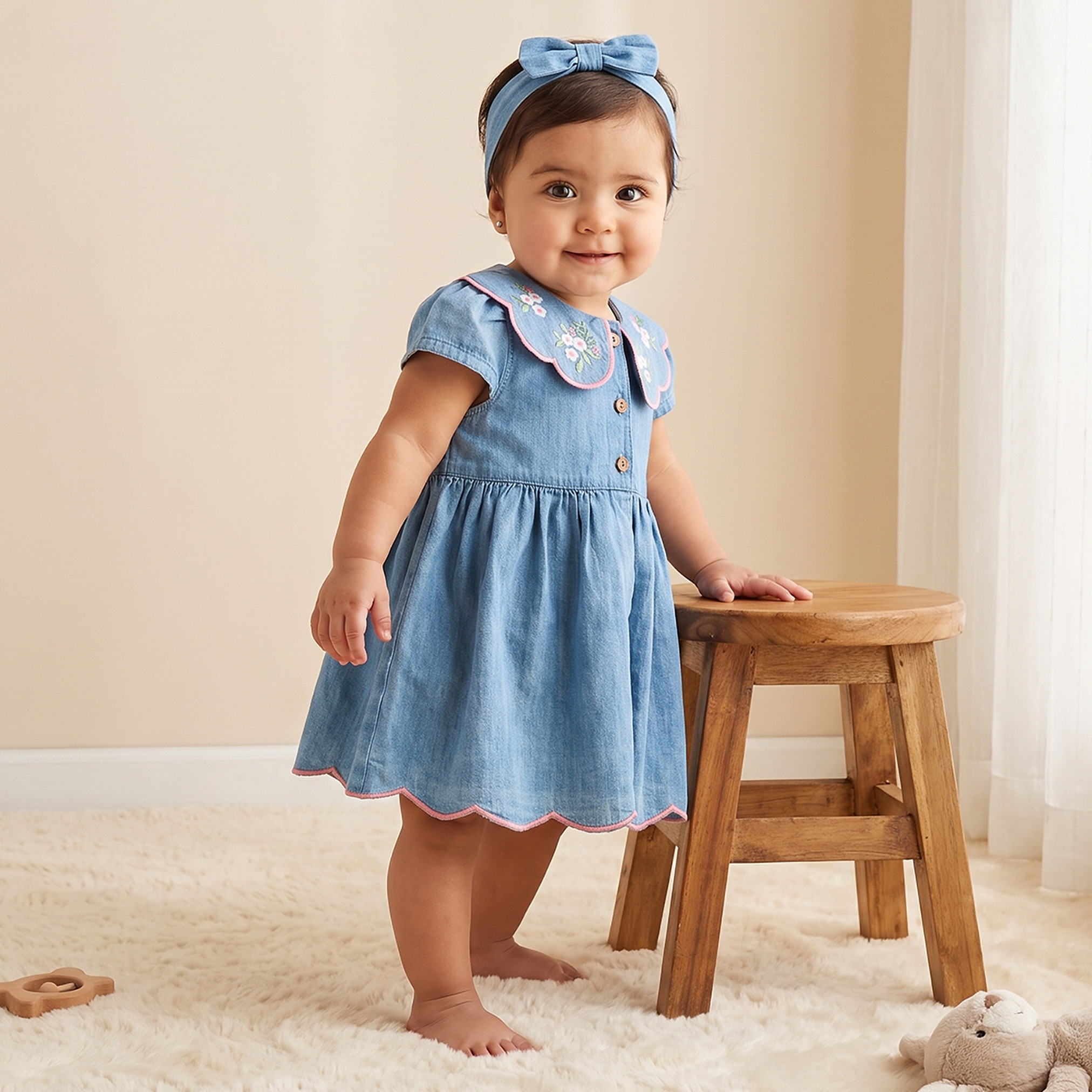 Juniors Peter Pan Collar Short Sleeves Knee Length Denim Dress and Headband with Floral Embroidery-baby-girls-clothing-dressesandjumpsuits-image-1