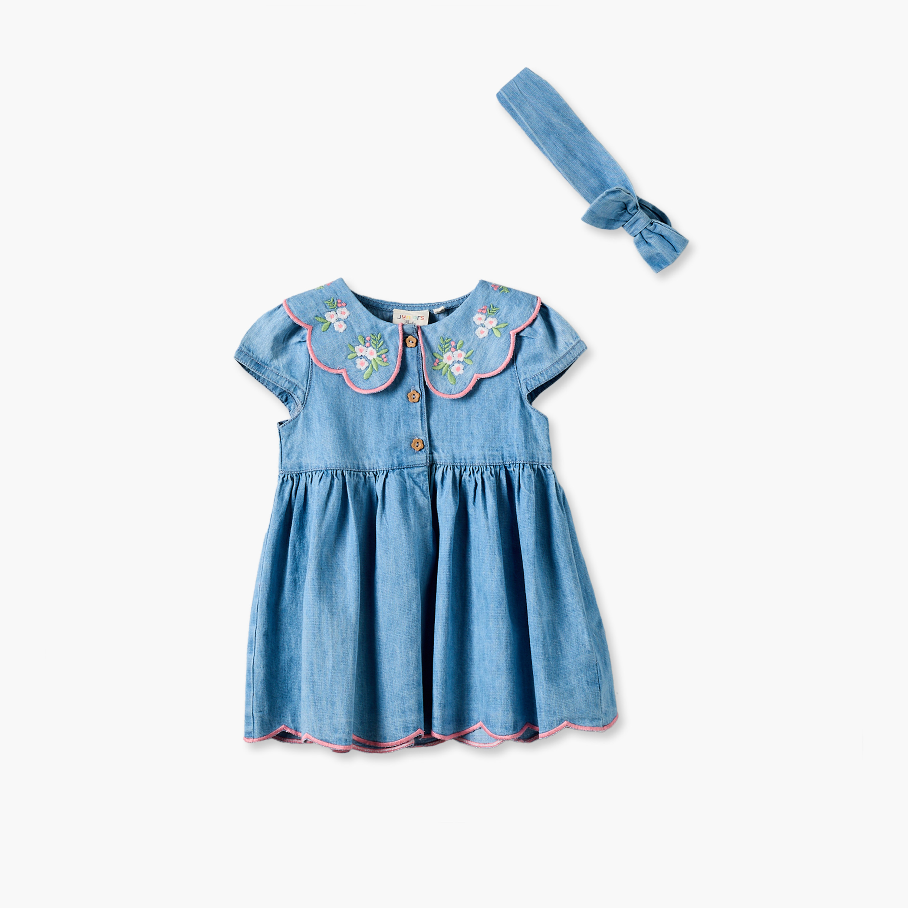 Juniors Peter Pan Collar Short Sleeves Knee Length Denim Dress and Headband with Floral Embroidery-baby-girls-clothing-dressesandjumpsuits-image-2