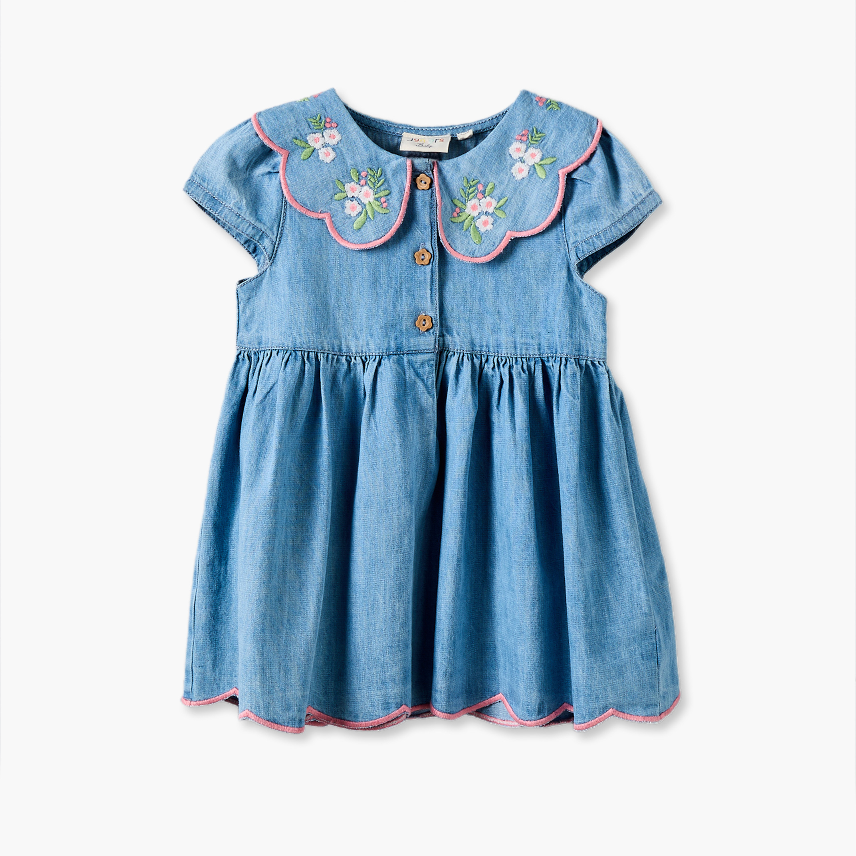 Juniors Peter Pan Collar Short Sleeves Knee Length Denim Dress and Headband with Floral Embroidery-baby-girls-clothing-dressesandjumpsuits-image-3