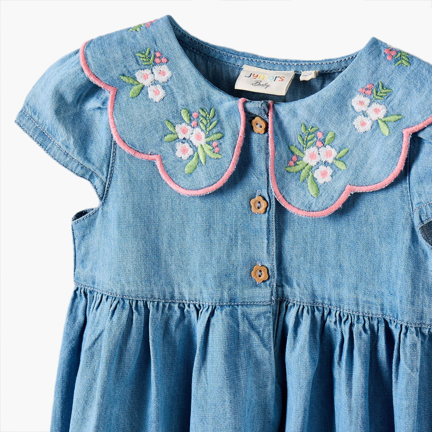 Juniors Peter Pan Collar Short Sleeves Knee Length Denim Dress and Headband with Floral Embroidery-baby-girls-clothing-dressesandjumpsuits-image-5