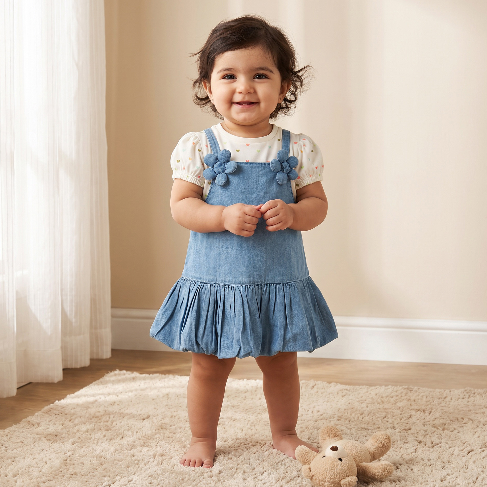 Juniors Square Neck Sleeveless Knee Length Denim Pinafore with Top-baby-girls-clothing-dressesandjumpsuits-image-1