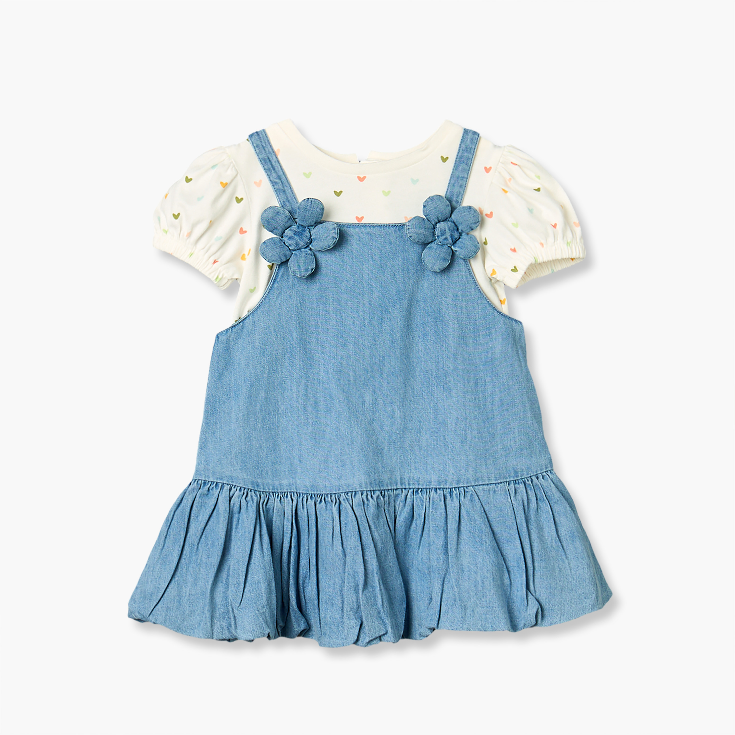 Juniors Square Neck Sleeveless Knee Length Denim Pinafore with Top-baby-girls-clothing-dressesandjumpsuits-image-2