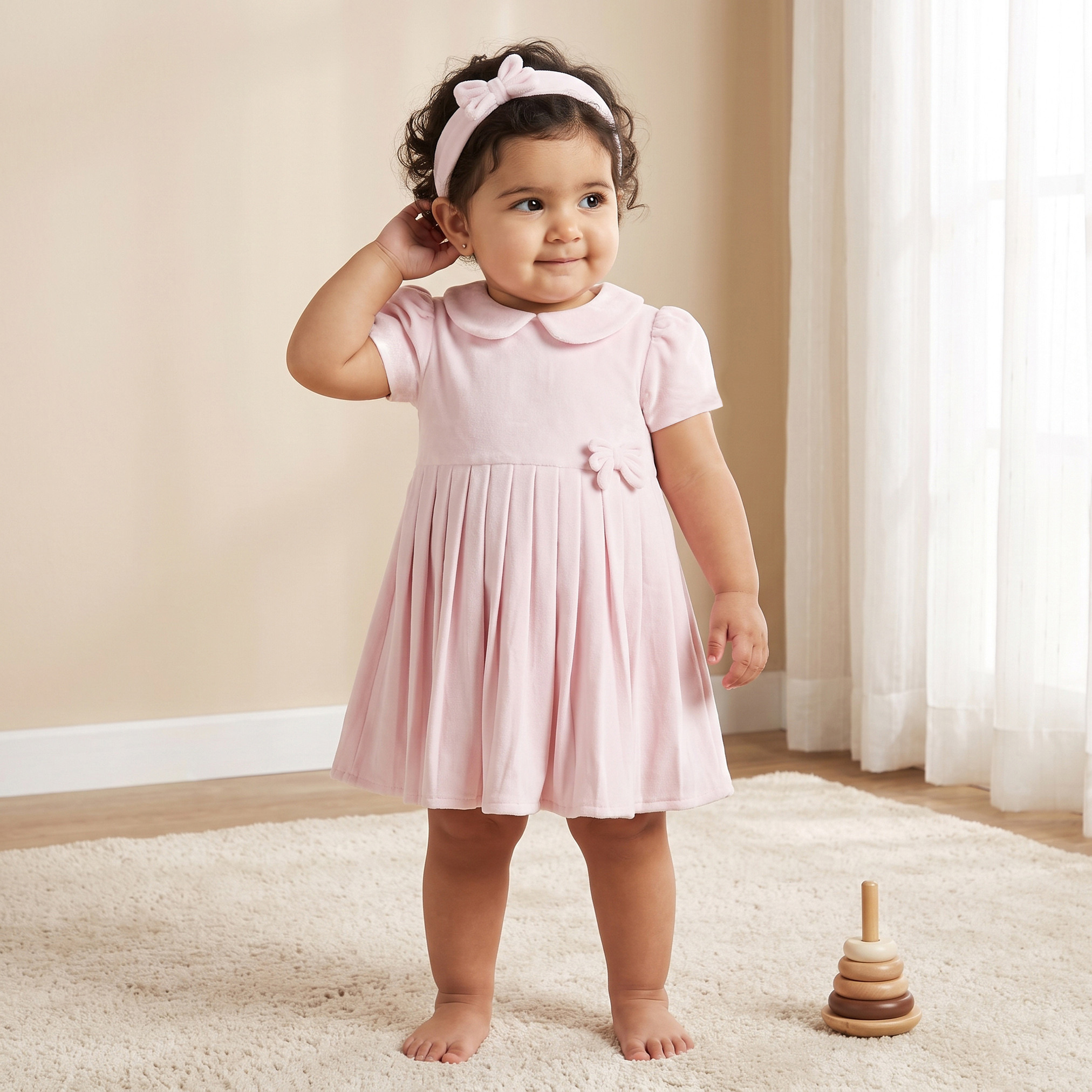 Juniors Peter Pan Collar Short Sleeves Knee Length Dress with Hairband-baby-girls-clothing-dressesandjumpsuits-image-1