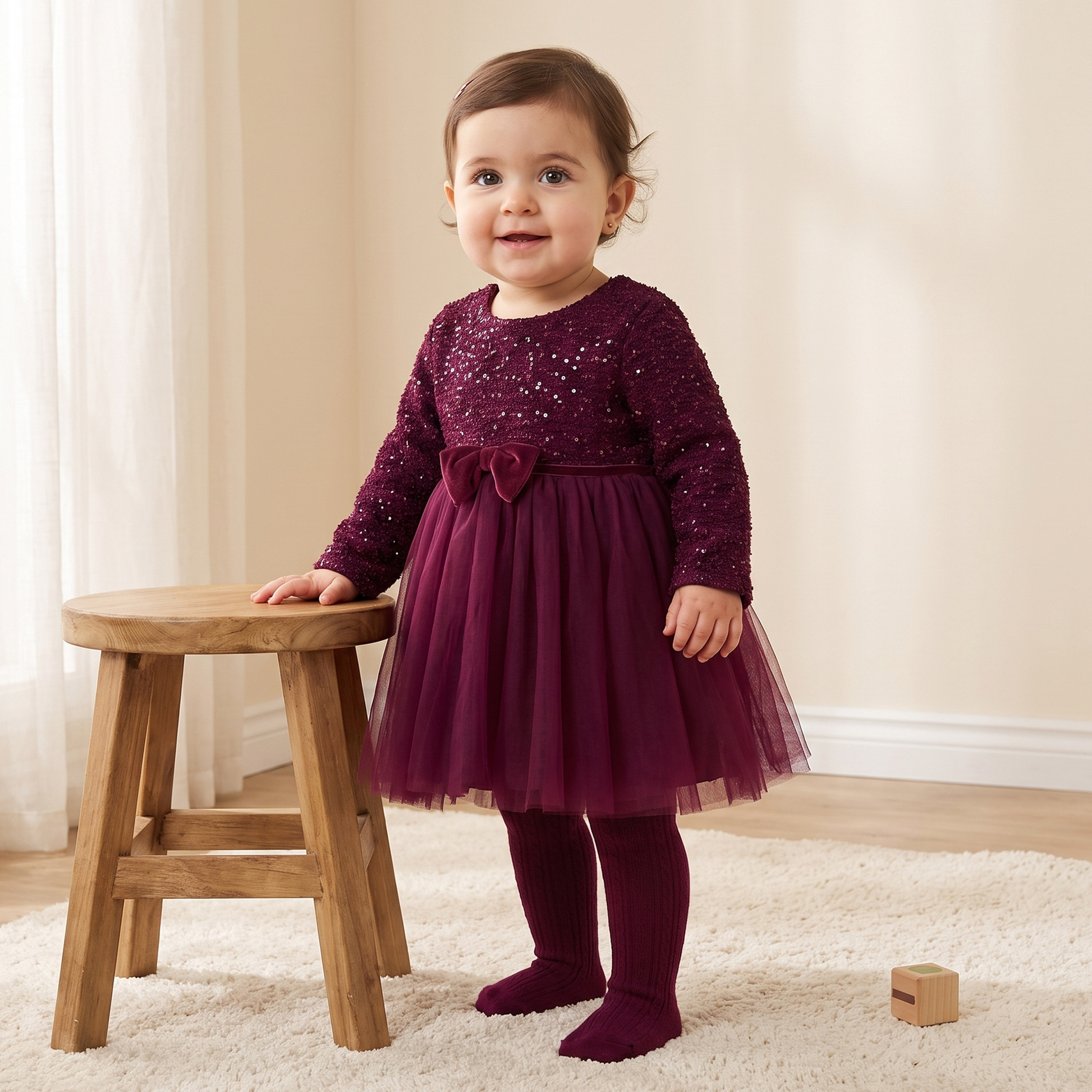 Juniors Round Neck Long Sleeves Knee Length Dress and Tights with Sequin Detail-baby-girls-clothing-dressesandjumpsuits-image-1