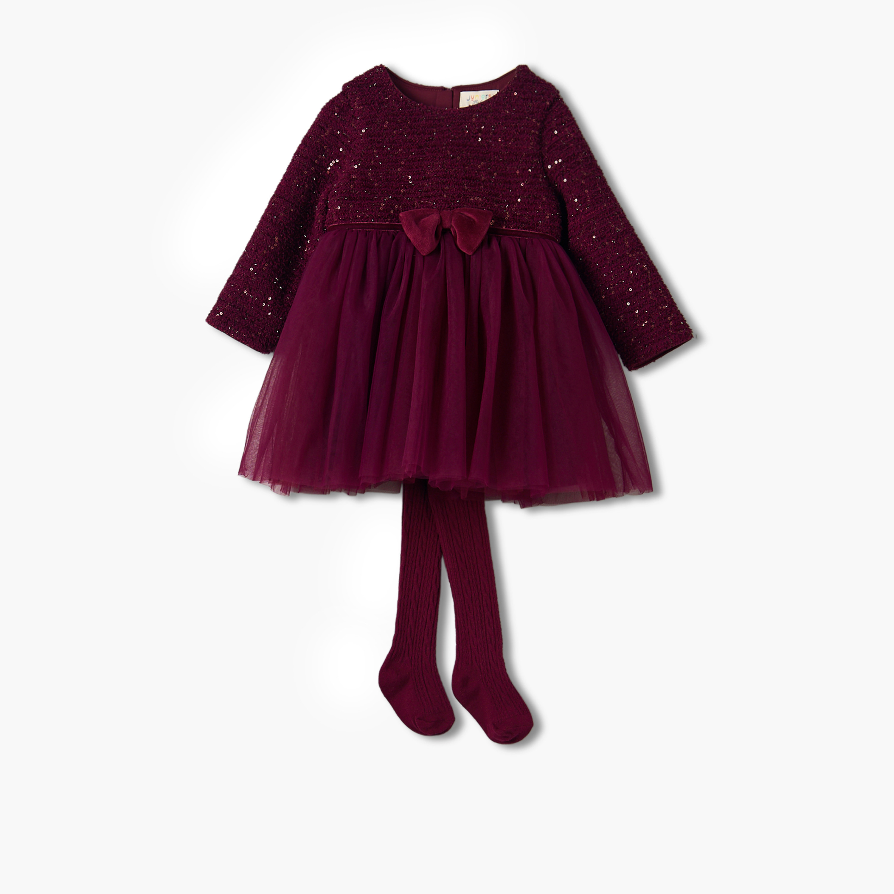 Juniors Round Neck Long Sleeves Knee Length Dress and Tights with Sequin Detail-baby-girls-clothing-dressesandjumpsuits-image-2