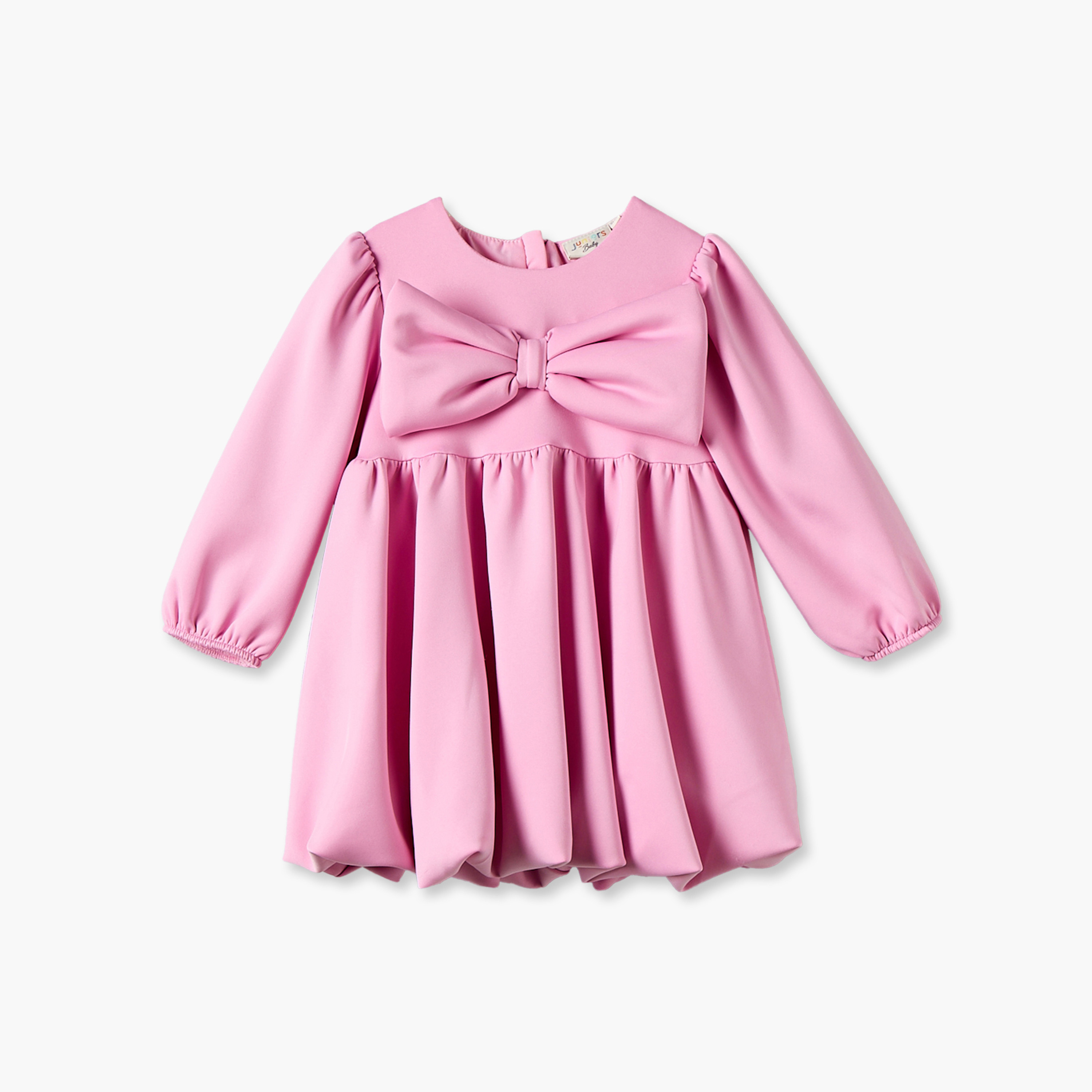 فستان بطول الركبة بياقة مستديرة وأكمام طويلة مع تفاصيل فيونكة من جونيورز-baby-girls-clothing-dressesandjumpsuits-image-1