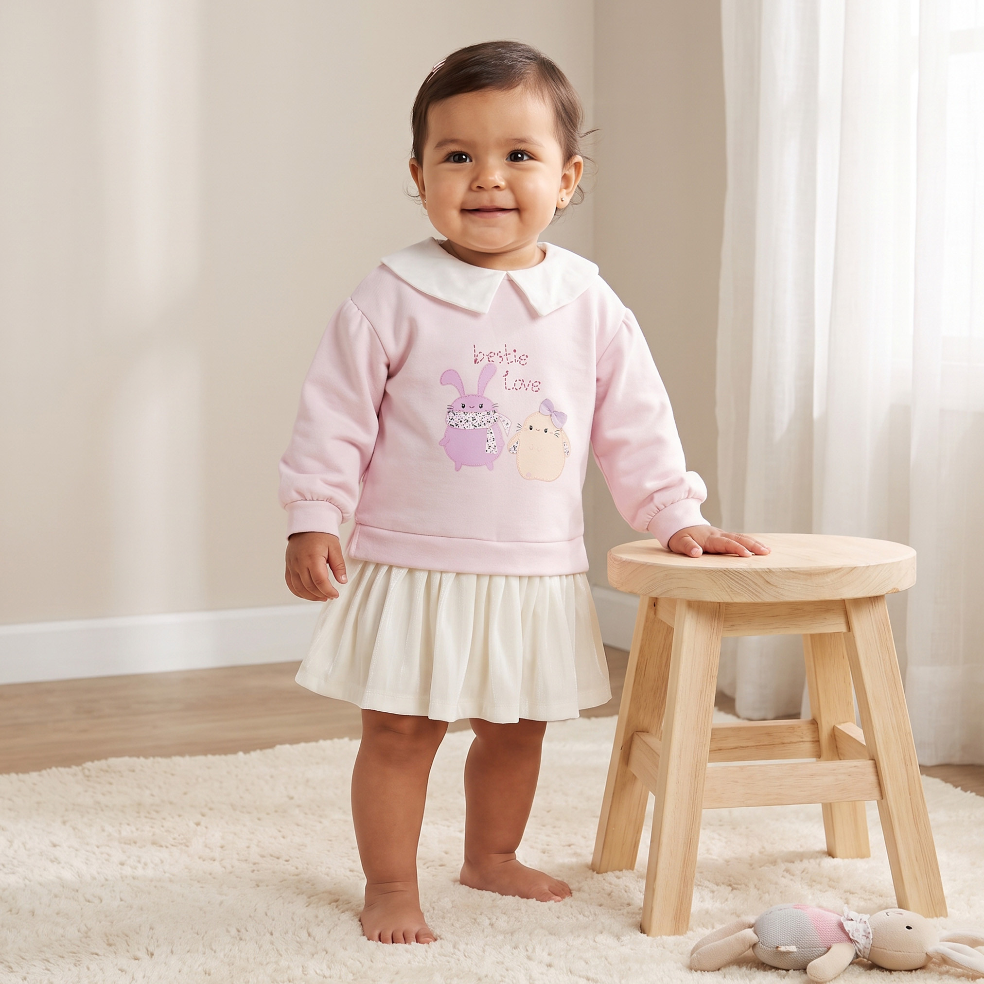 Juniors Peter Pan Collar Long Sleeves Knee Length A-line Dress with Bunny Print-baby-girls-clothing-dressesandjumpsuits-image-1