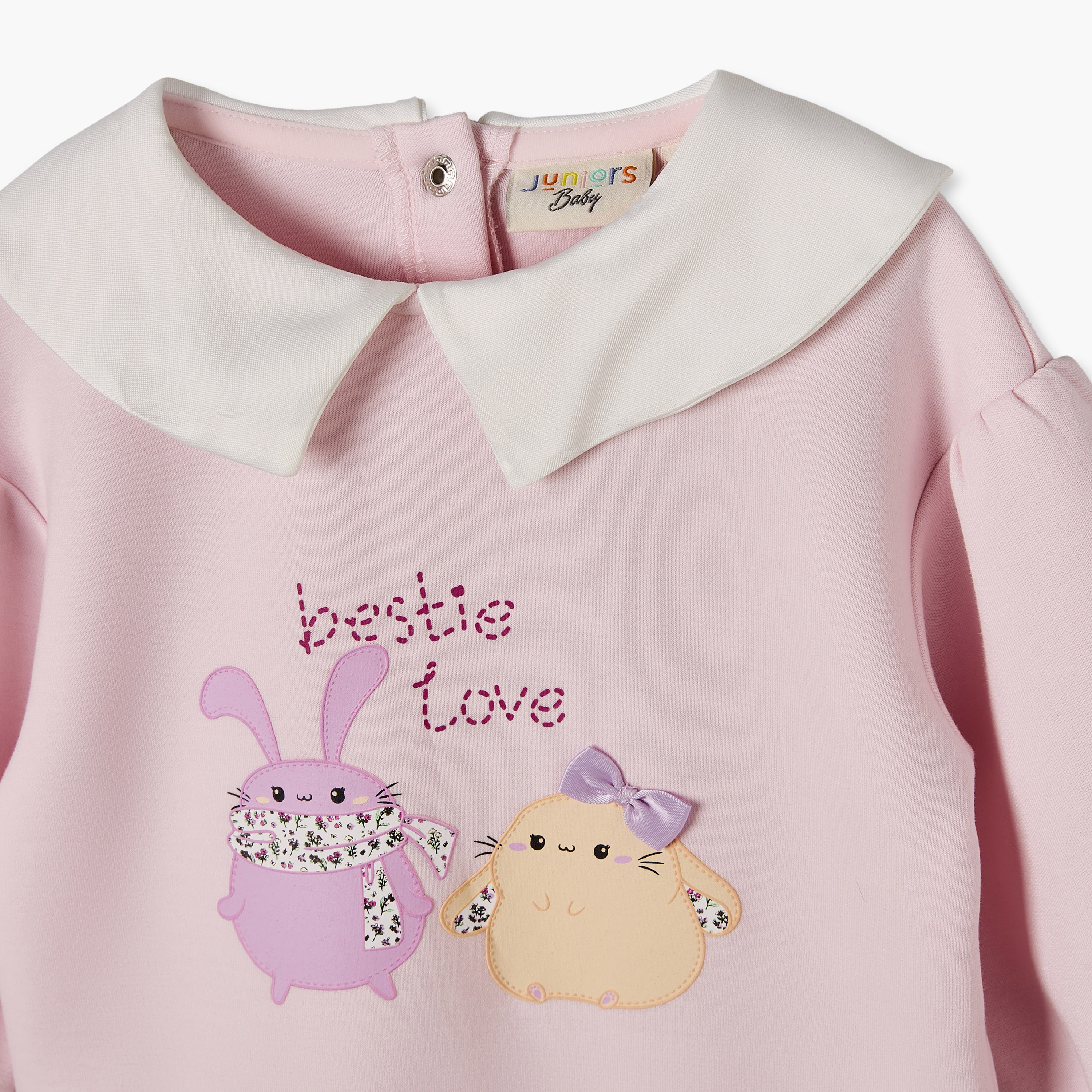 Juniors Peter Pan Collar Long Sleeves Knee Length A-line Dress with Bunny Print-baby-girls-clothing-dressesandjumpsuits-image-4