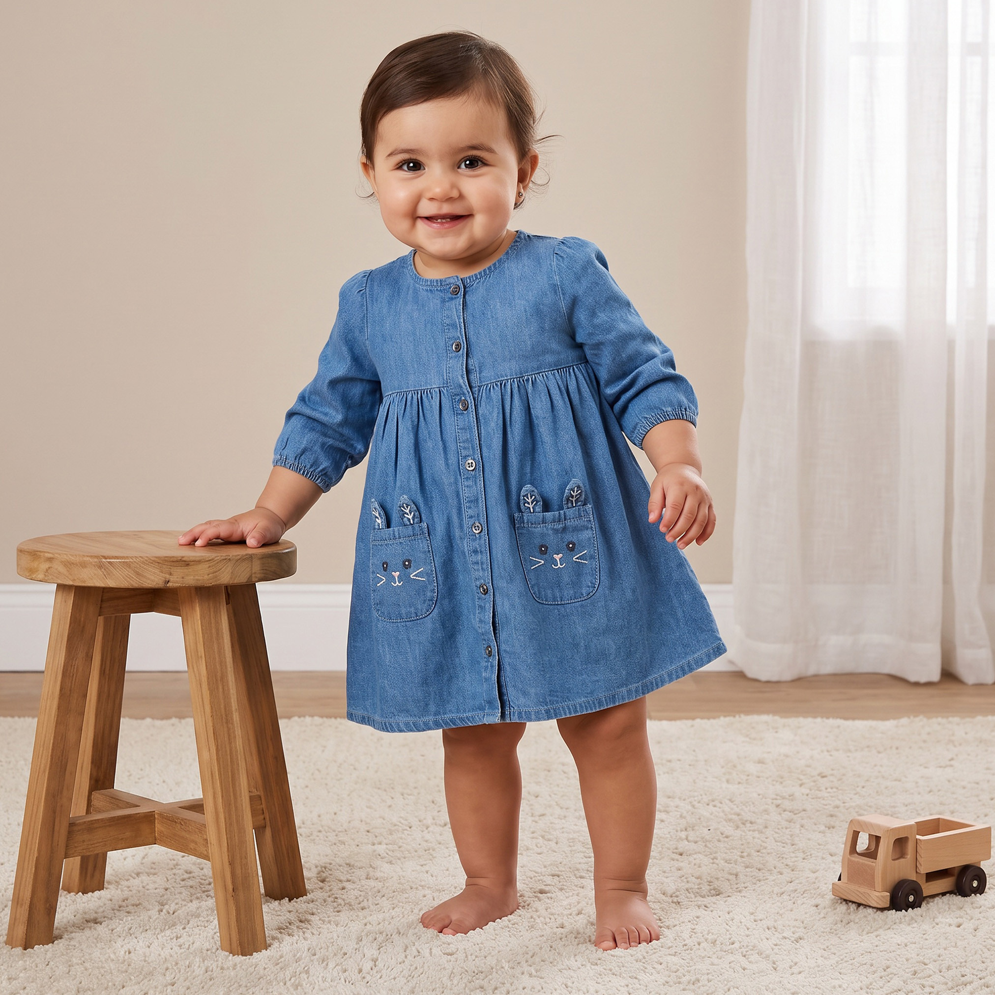 Juniors Round Neck Long Sleeves Knee Length Denim Dress with Embroidery-baby-girls-clothing-dressesandjumpsuits-image-1