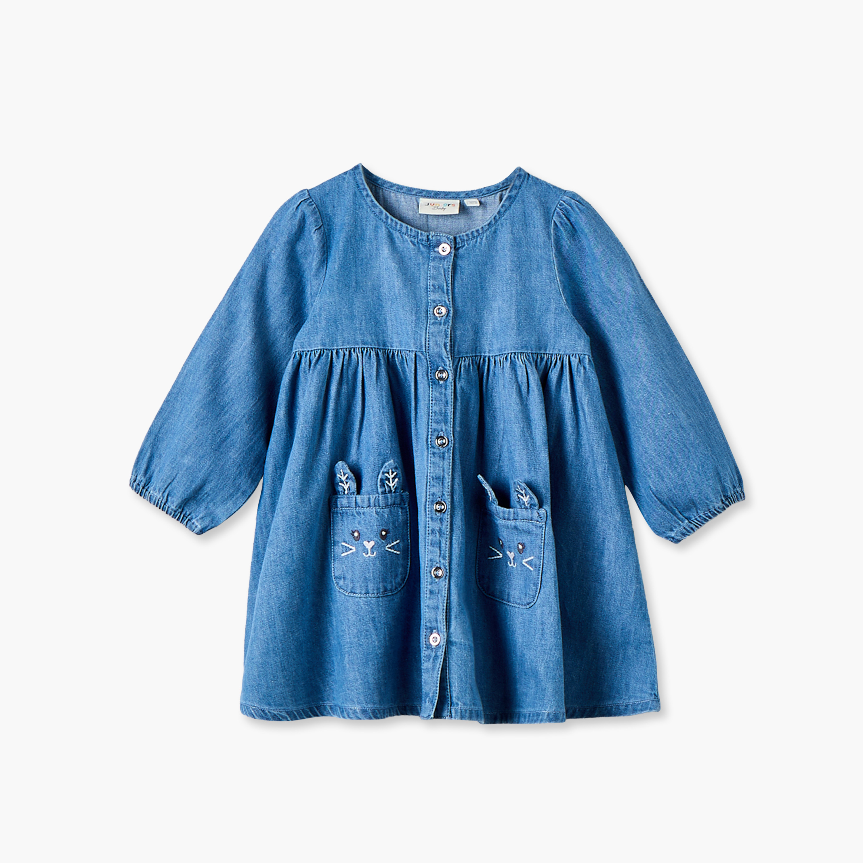 Juniors Round Neck Long Sleeves Knee Length Denim Dress with Embroidery-baby-girls-clothing-dressesandjumpsuits-image-2