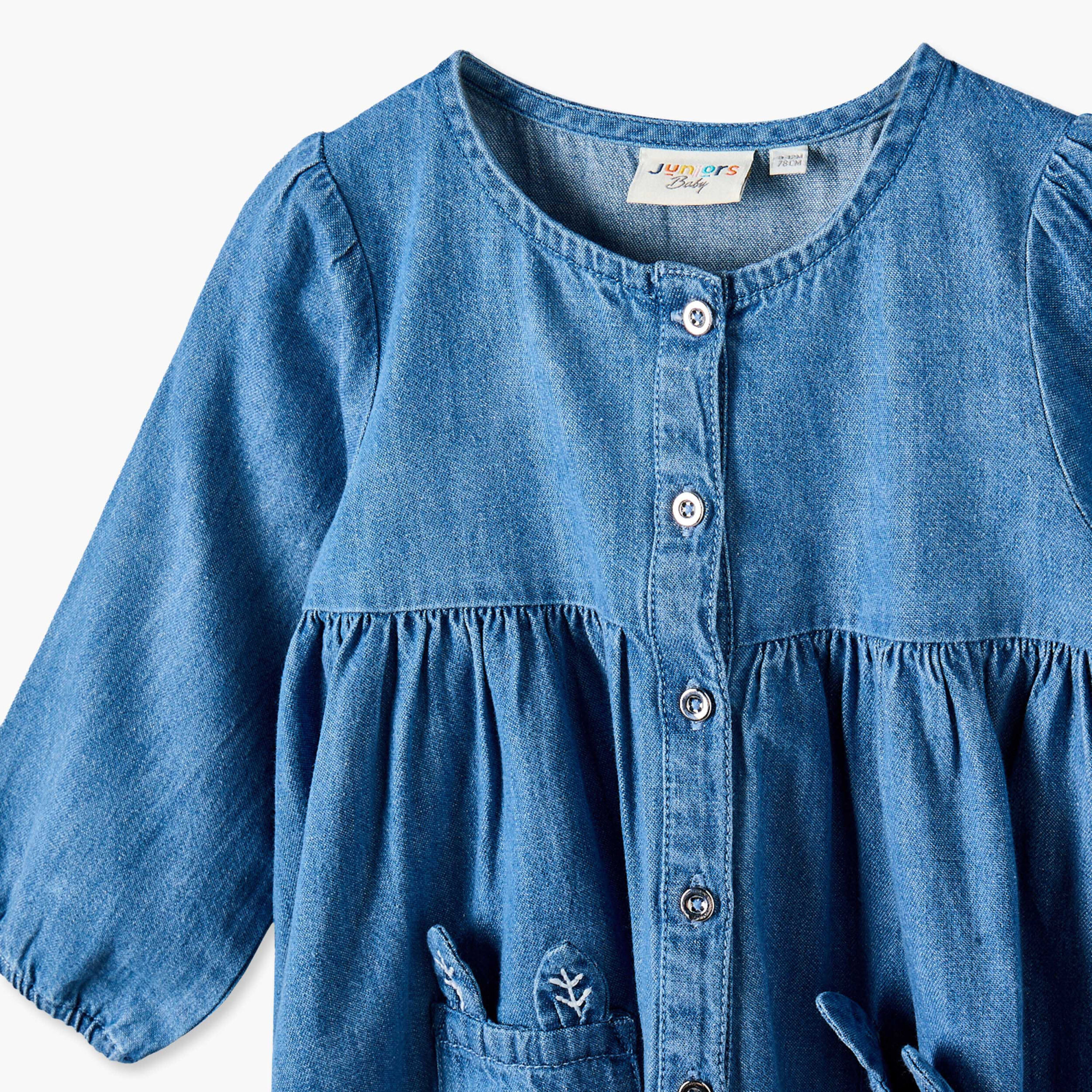 Juniors Round Neck Long Sleeves Knee Length Denim Dress with Embroidery-baby-girls-clothing-dressesandjumpsuits-image-4
